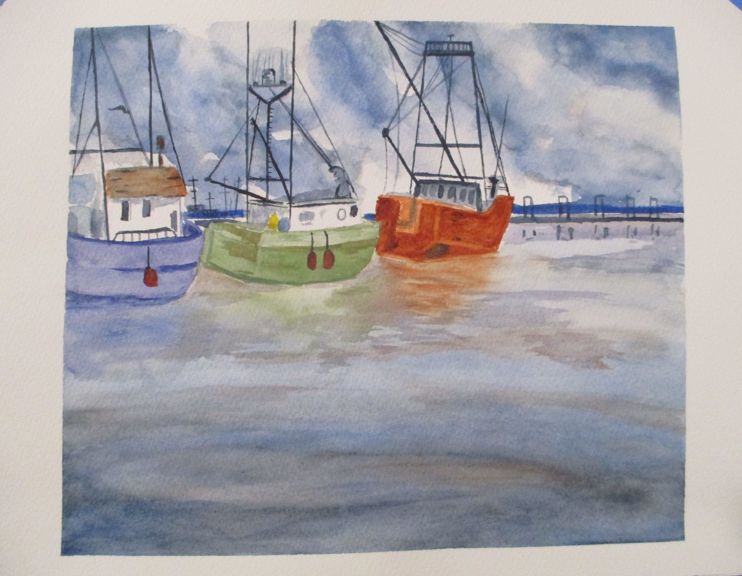 Watercolor Painting of Fishing Boats