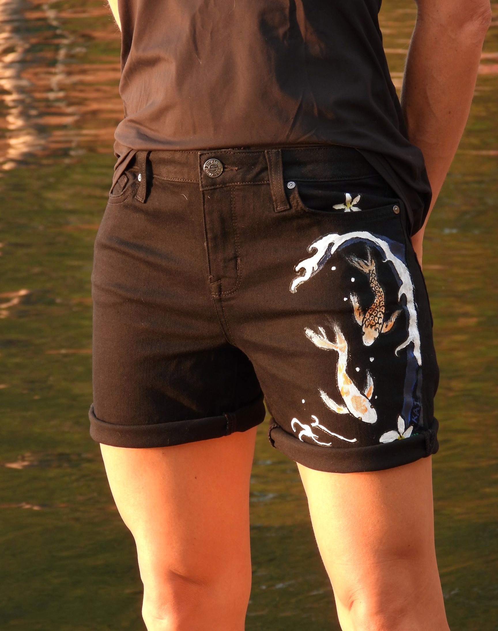 Black Denim Shorts with Koi Fish Design