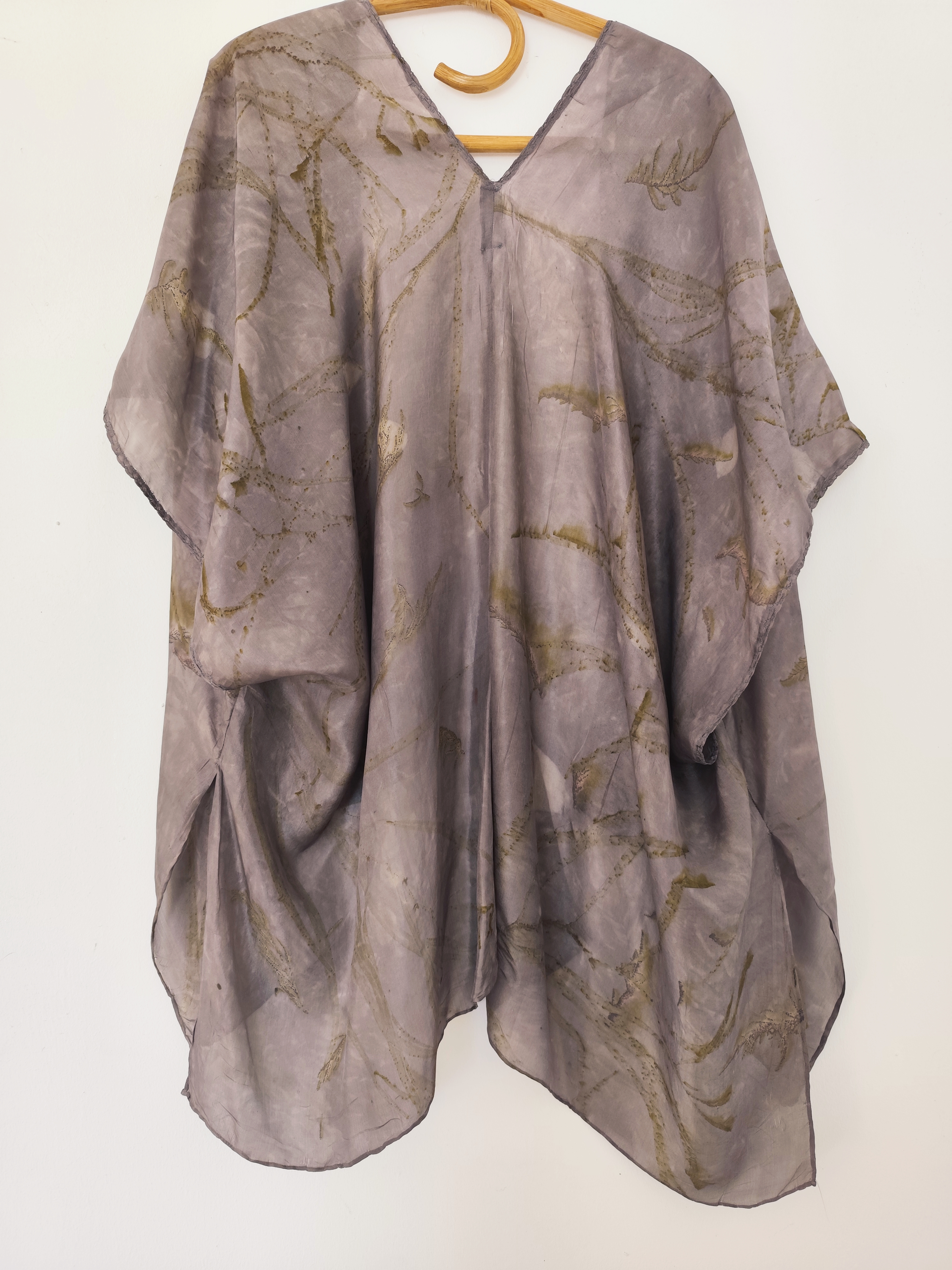 Naturally dyed slk kaftan with ecoprint