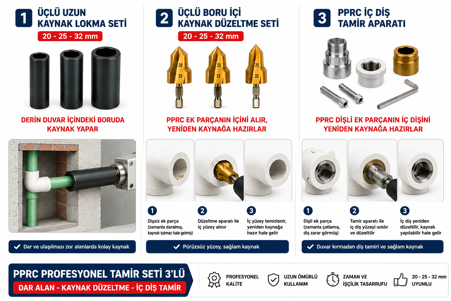 PPRC Boru Tamir ve Kaynak Seti 3'lü | Uzun Lokma + Boru İçi Düzeltme + İç Diş Tamir Aparatı.