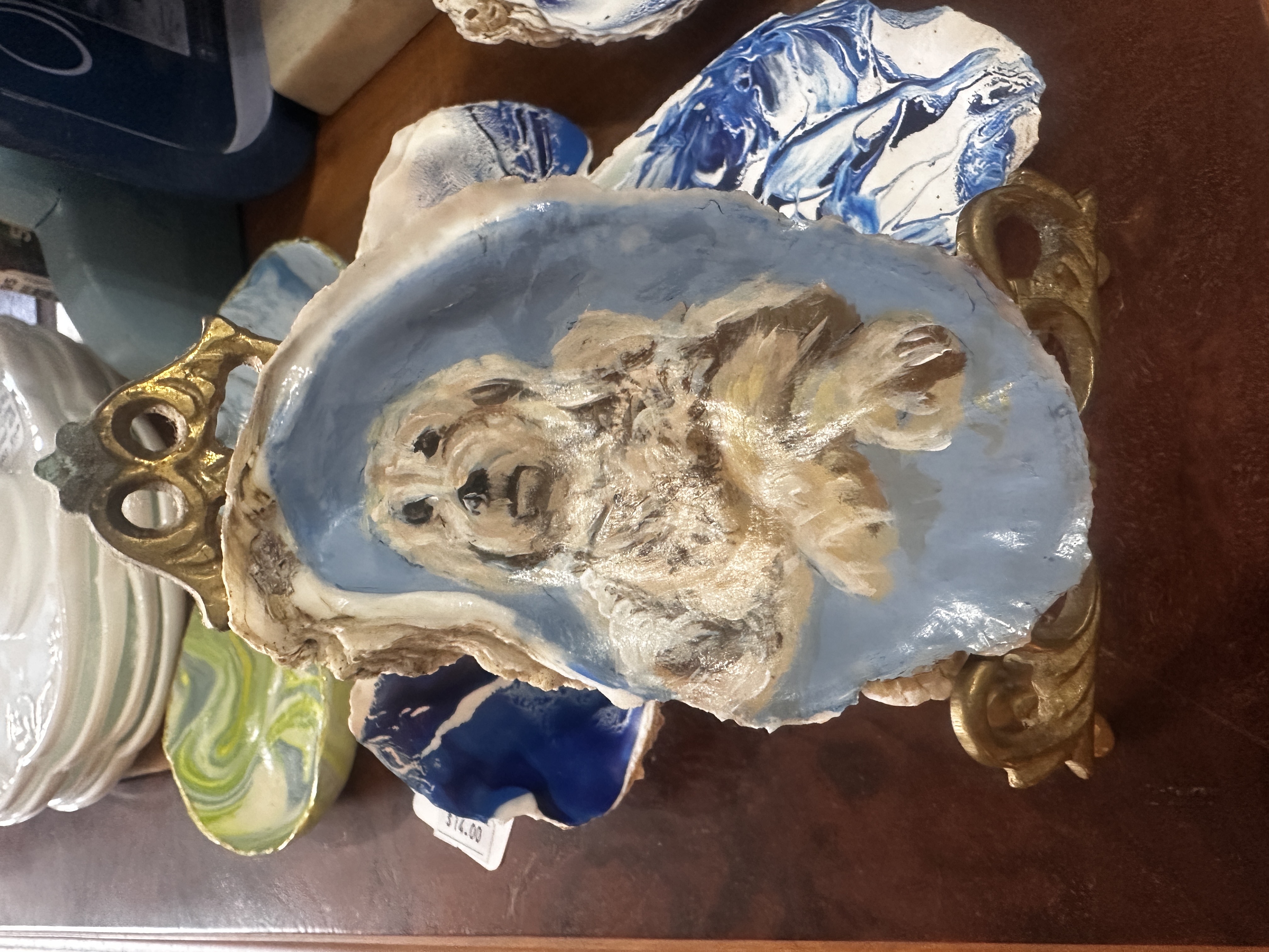 Hand Painted Oyster Shell with Dog Artwork