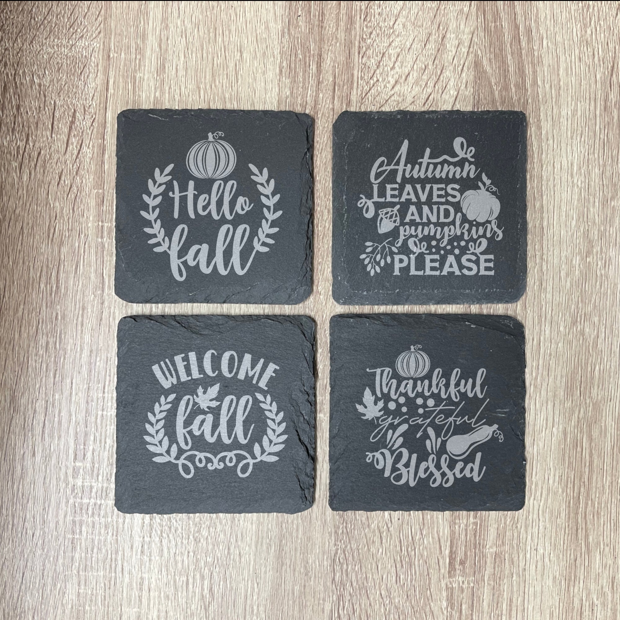 Fall Slate Coasters, Set of 4 Square, Hello Fall, Wedding Gifts, Drink Coasters, Personalized, Engraved, Funny