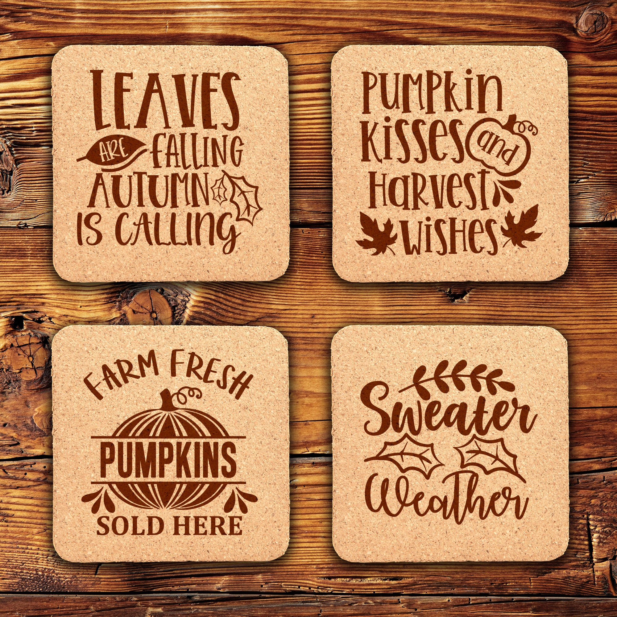 Fall Pumpkins Engraved Cork Coasters , Set of 4, Wedding Gifts, Drink Coasters, Home, Personalized, Funny