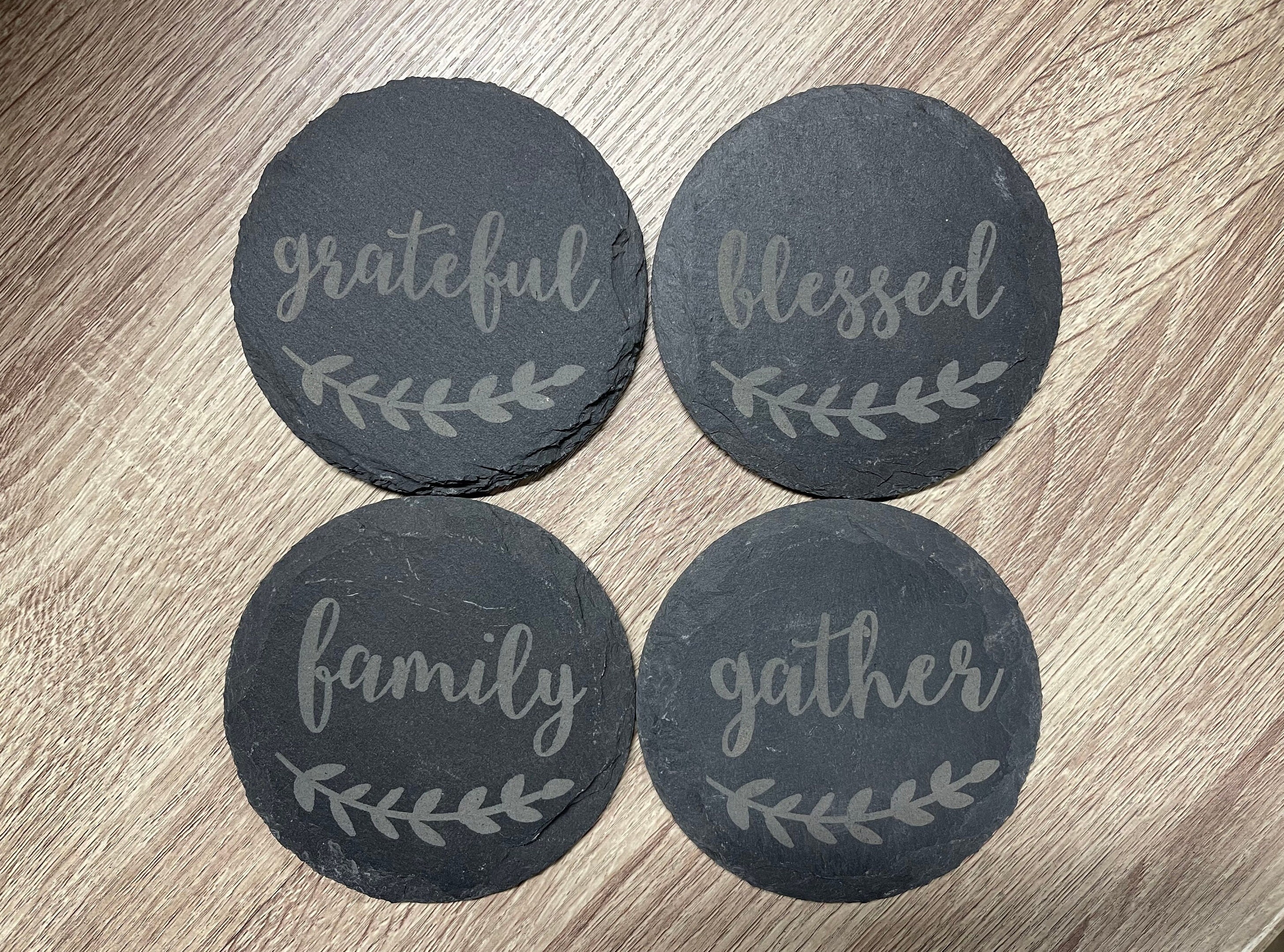 Family, Blessed, Gather, Grateful Coasters Slate, Set of 4, Wedding Gifts, Drink Coasters, Personalized, Engraved