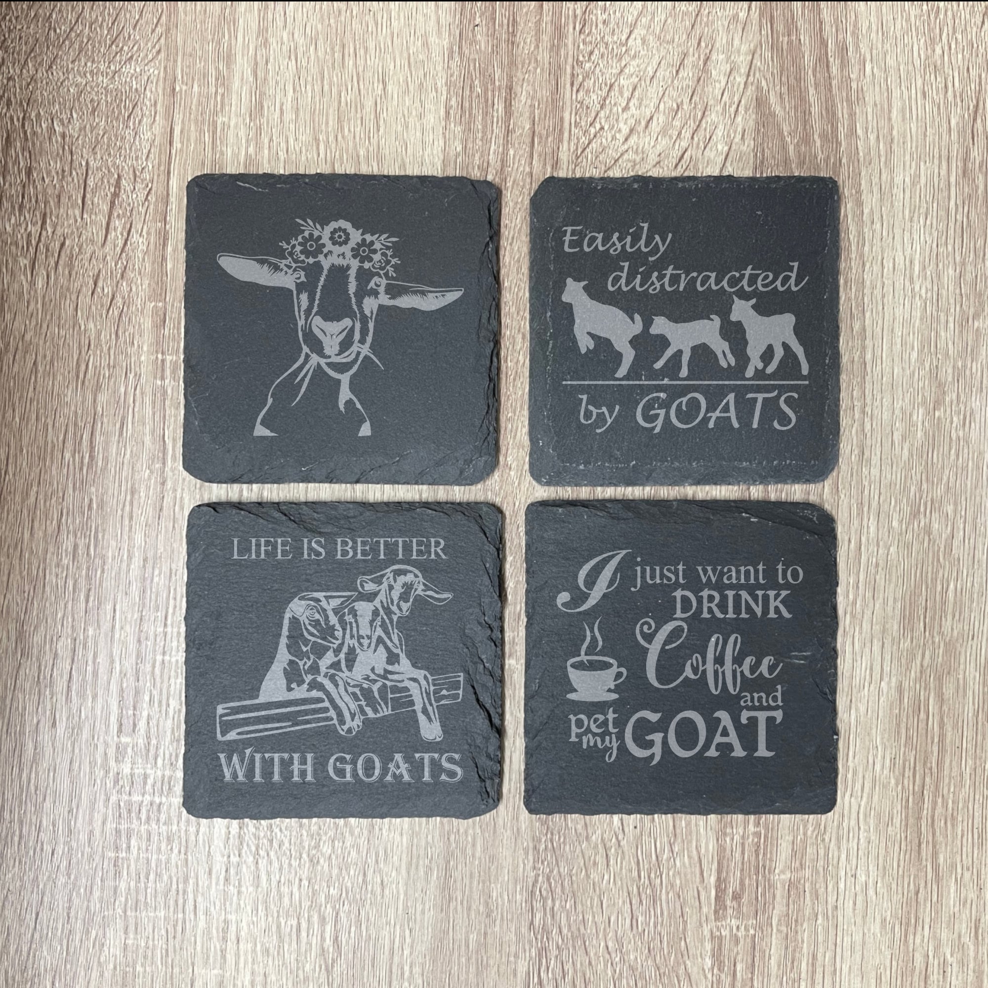 Goat Themed Slate Coasters , Set of 4, Wedding Gifts, Drink Coasters, Personalized, Engraved, Funny