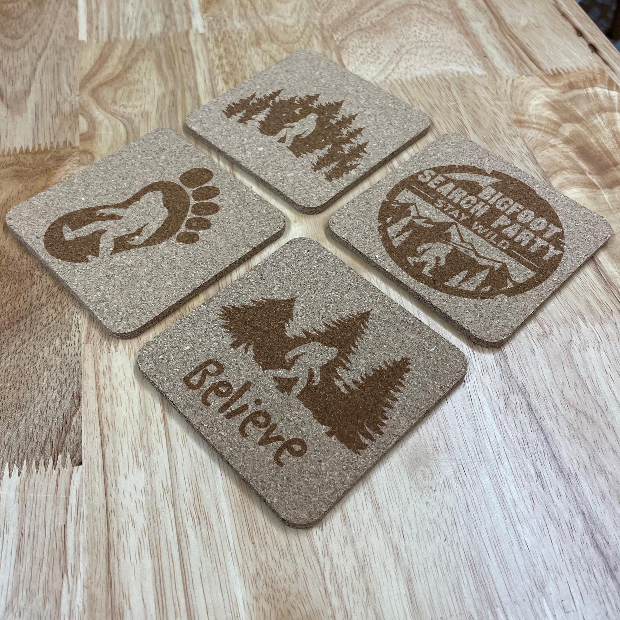Bigfoot Engraved Cork Coasters, Set of 4, Yeti, Sasquatch Gifts, Drink Coasters, Personalized, Laser Engraved, Funny