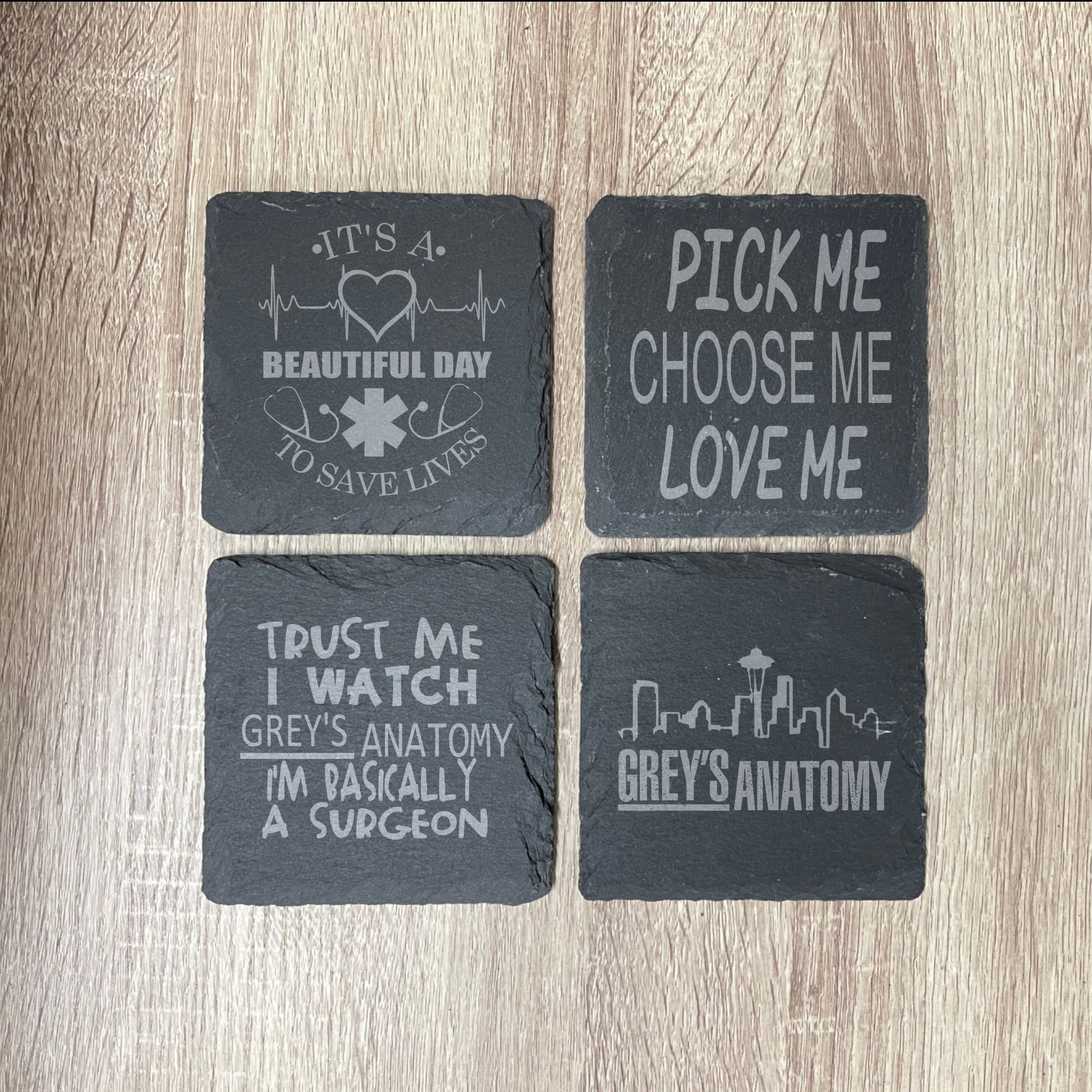 Grey's Anatomy inspired Slate Coasters , Set of 4, Wedding Gifts, Drink Coasters, Personalized, Engraved, Funny