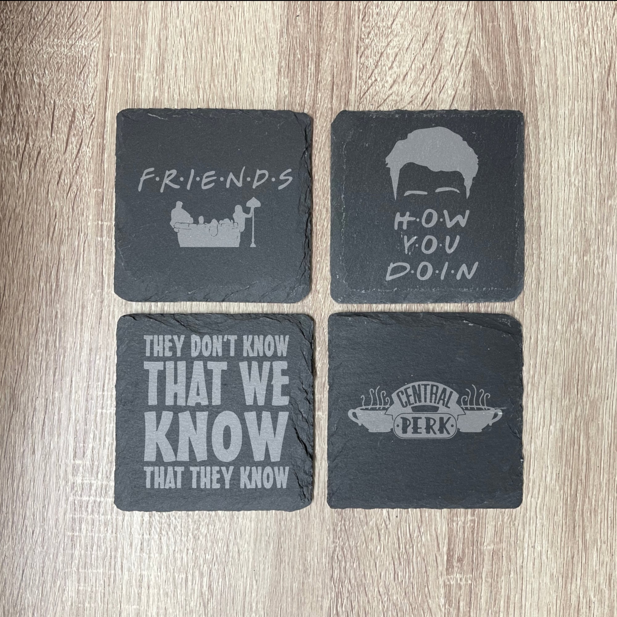 Friends TV Show Inspired Slate Coasters , Set of 4, Wedding Gifts, Drink Coasters, Personalized, Engraved, Funny