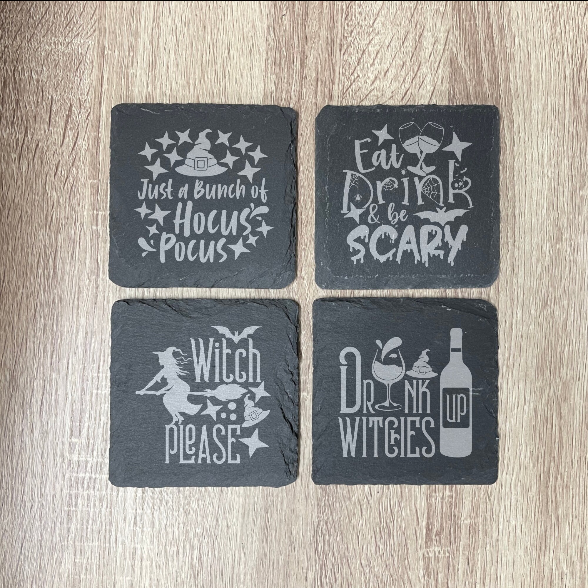 Halloween Slate Coasters, Set of 4 Square, Drink Up Witches, Wedding Gifts, Drink Coasters, Personalized, Engraved, Funny