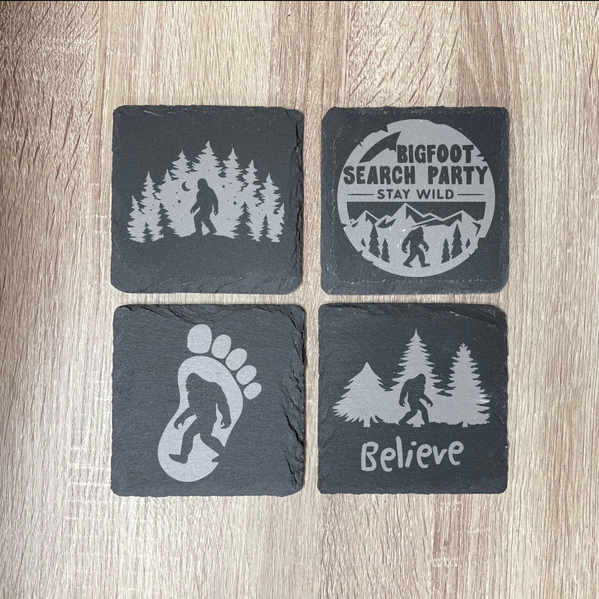 Bigfoot Engraved Slate Coasters, Set of 4, Yeti, Sasquatch Gifts, Drink Coasters, Personalized, Laser Engraved, Funny