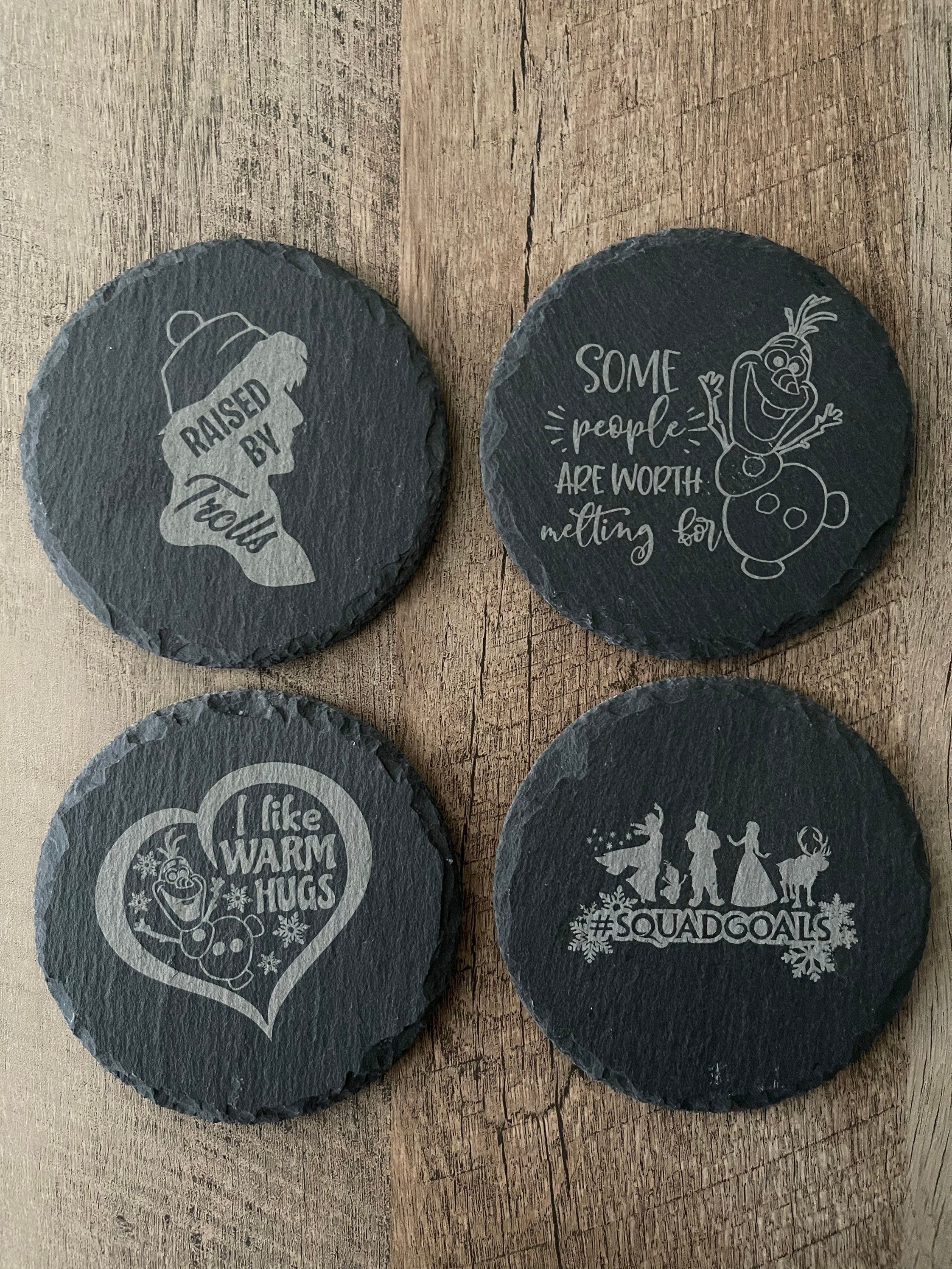 Frozen Slate Coasters , Set of 4, Wedding Gifts, Drink Coasters, Personalized, Engraved, Funny