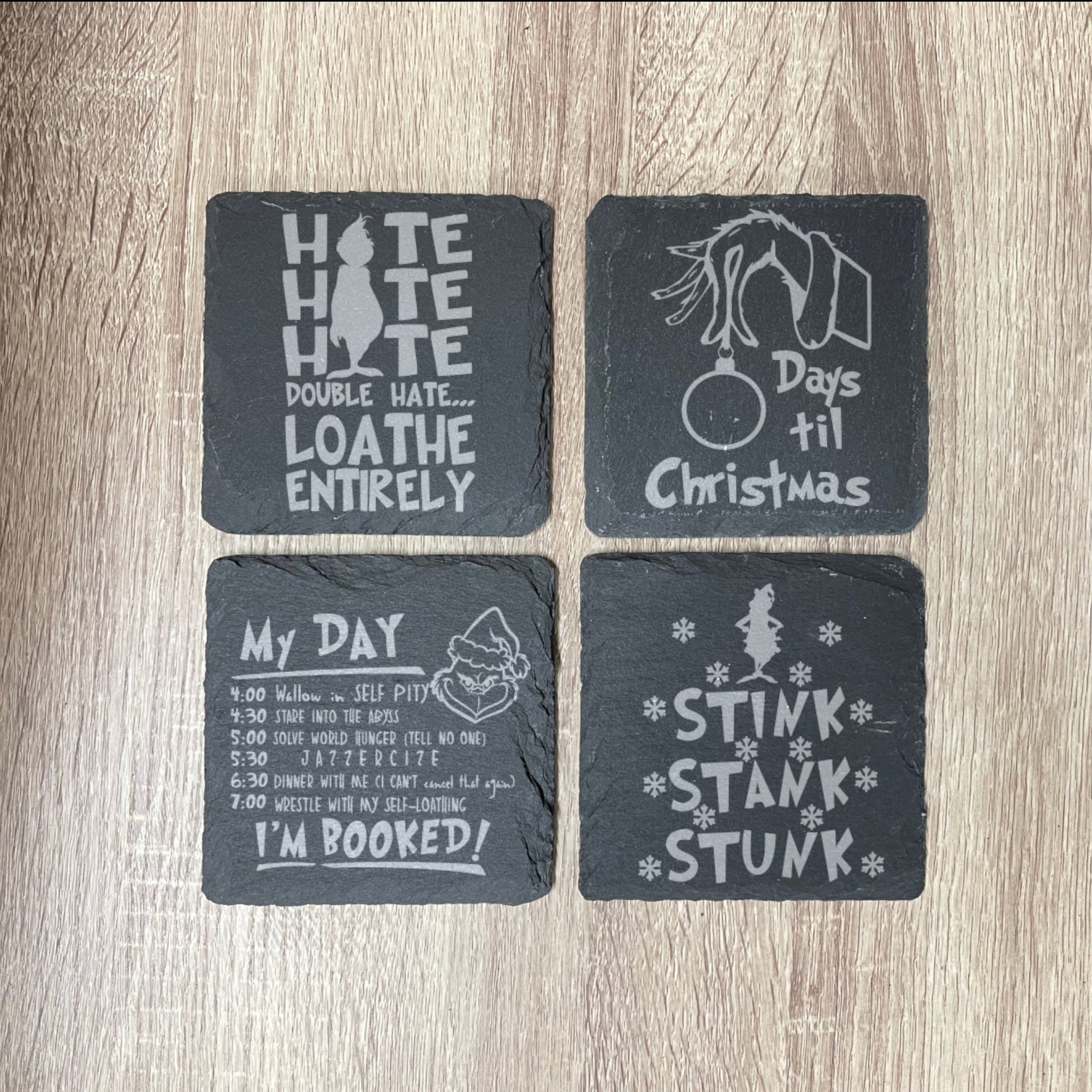 Green face, gri_ch Engraved Slate Coasters , Set of 4, Multiple Designs, Wedding Gifts, Drink Coasters, Personalized, Engraved, Christmas