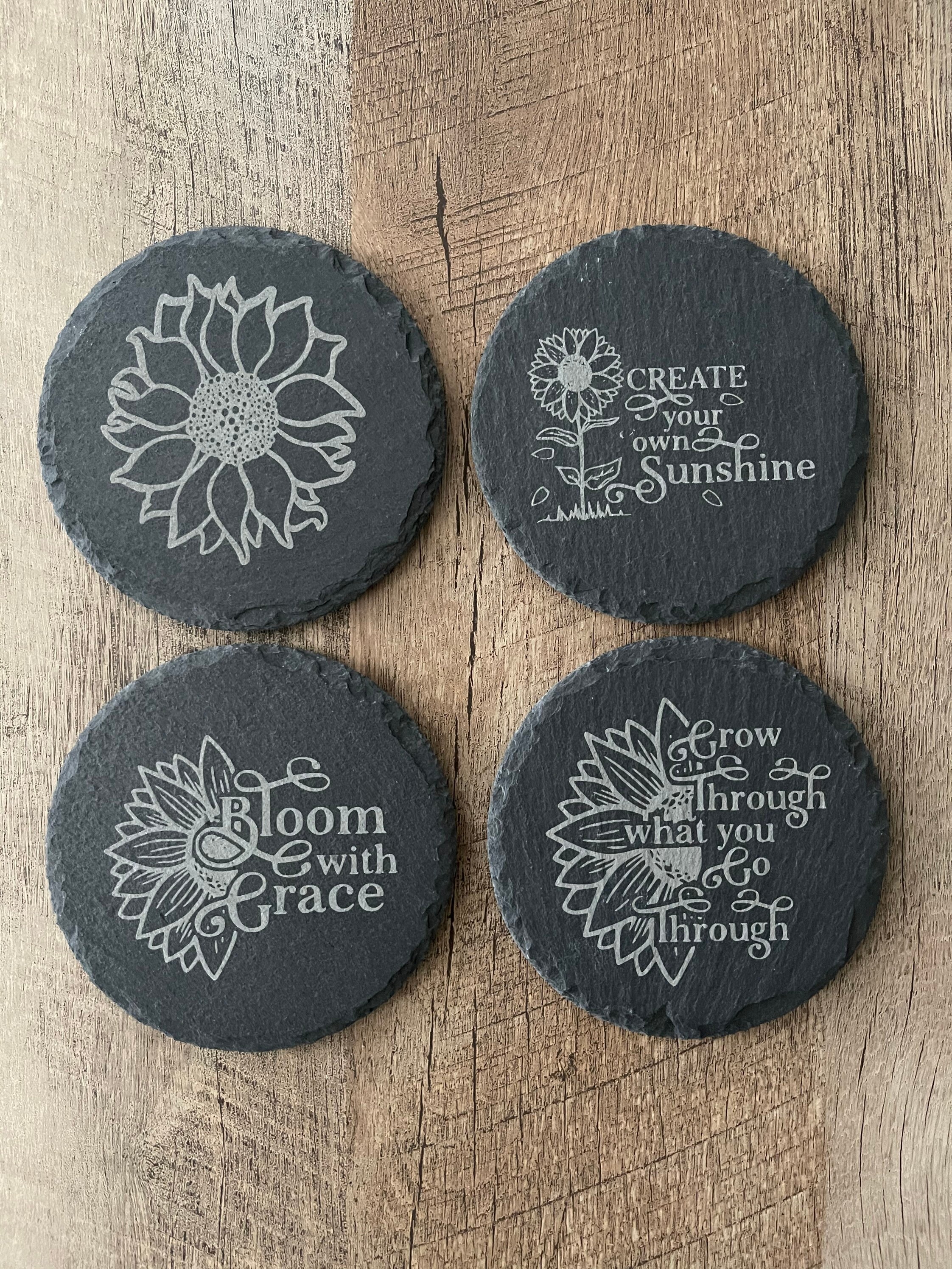 Sunflower Inspirational Slate Coasters , Set of 4, Wedding Gifts, Drink Coasters, Personalized, Engraved, Motivational