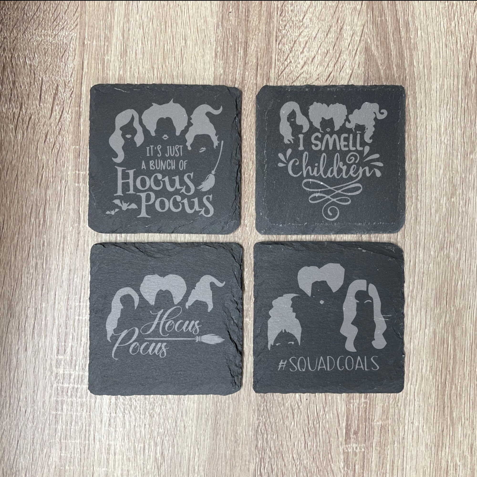 Hocus Pocus Inspired Movie Slate Coasters , Set of 4, Wedding Gifts, Drink Coasters, Personalized, Engraved, Funny