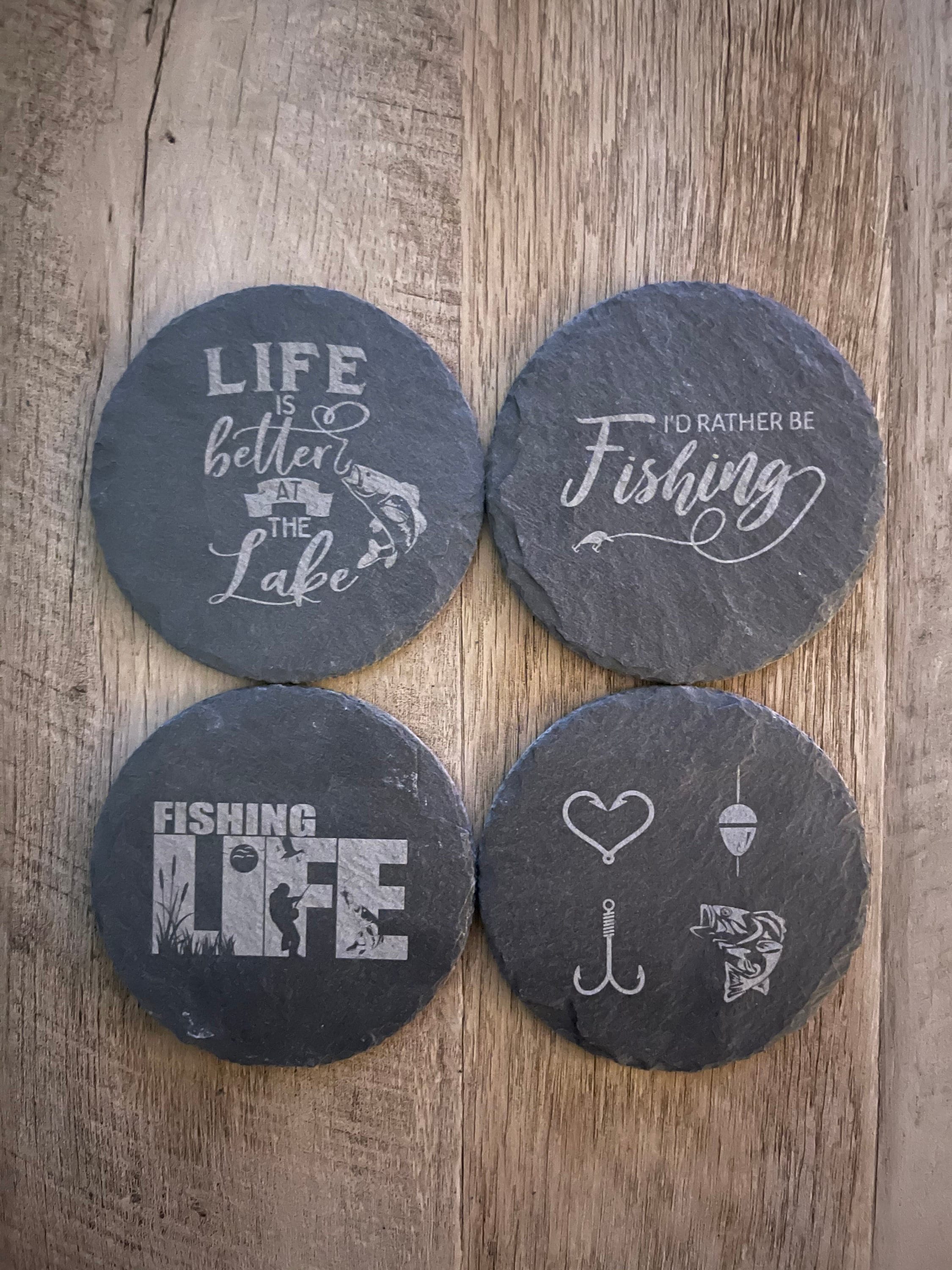 Fishing Slate Coasters, Set of 4, Wedding Gifts, Drink Coasters, Personalized, Engraved