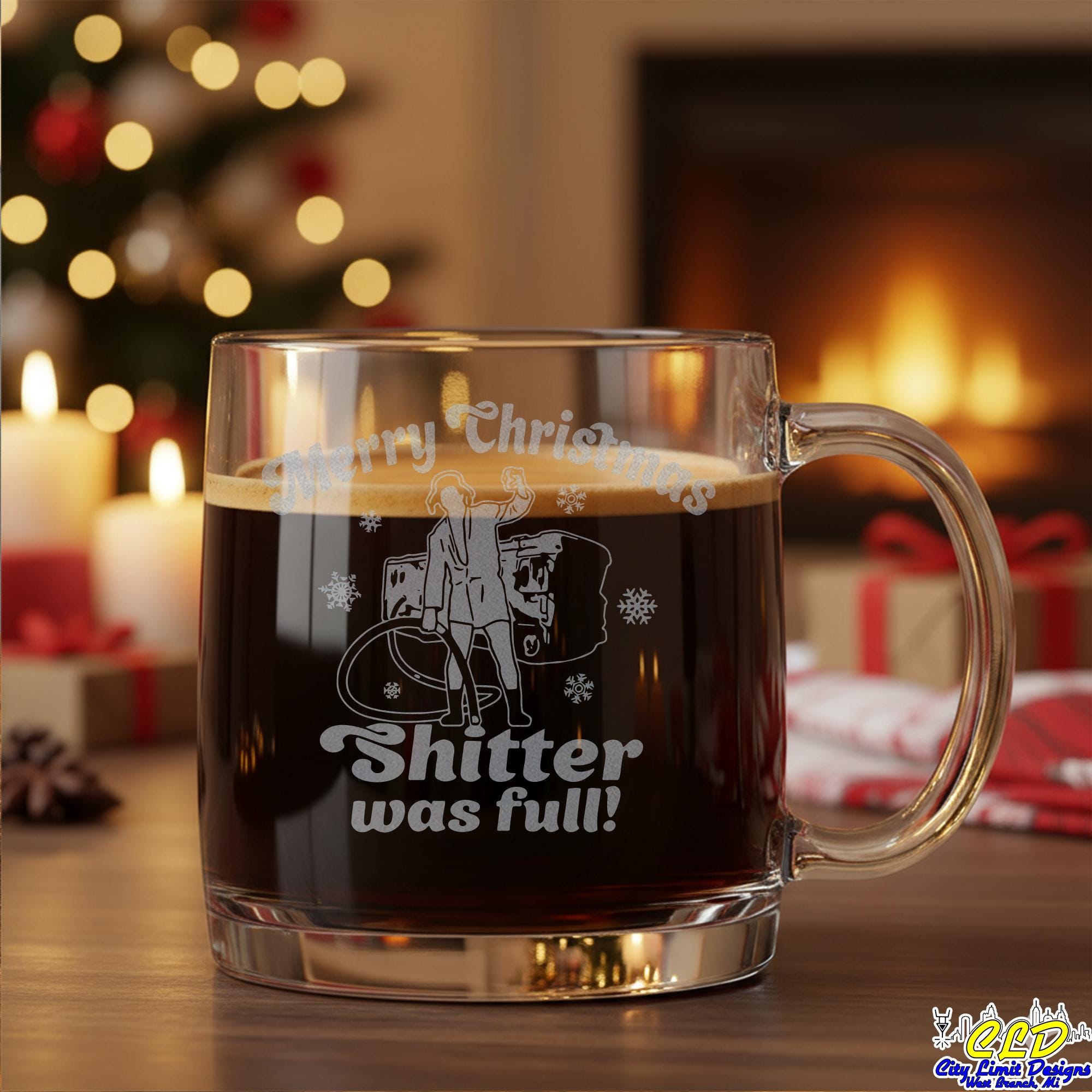 National Lampoon's Christmas Vacation Glass Coffee Mug-12oz Clear Laser Engraved-Griswold Family Christmas, Jolliest Bunch, Shitter Was Full