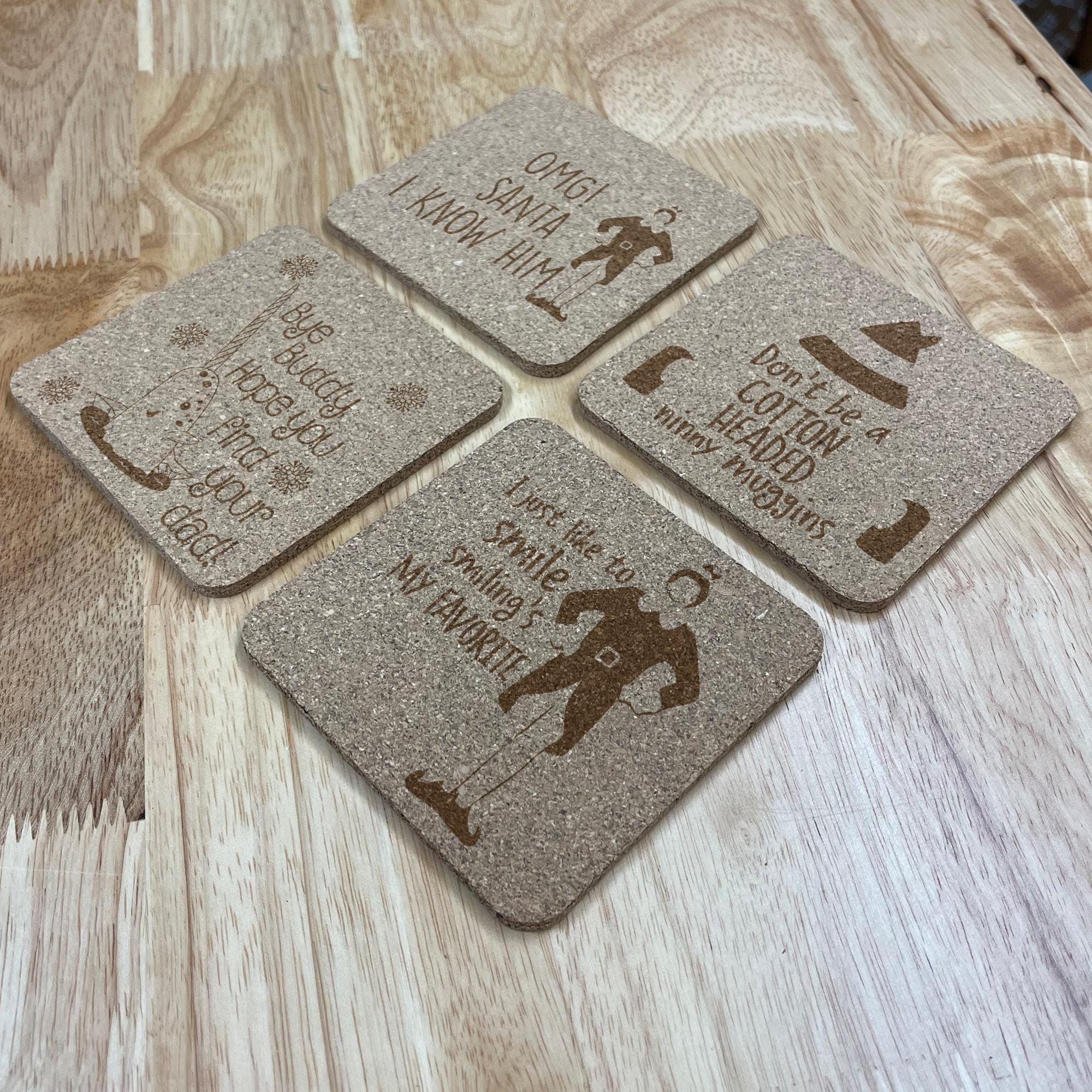 Buddy the Elf Cork Coasters , Set of 4, Wedding Gifts, Drink Coasters, Personalized, Engraved, Funny