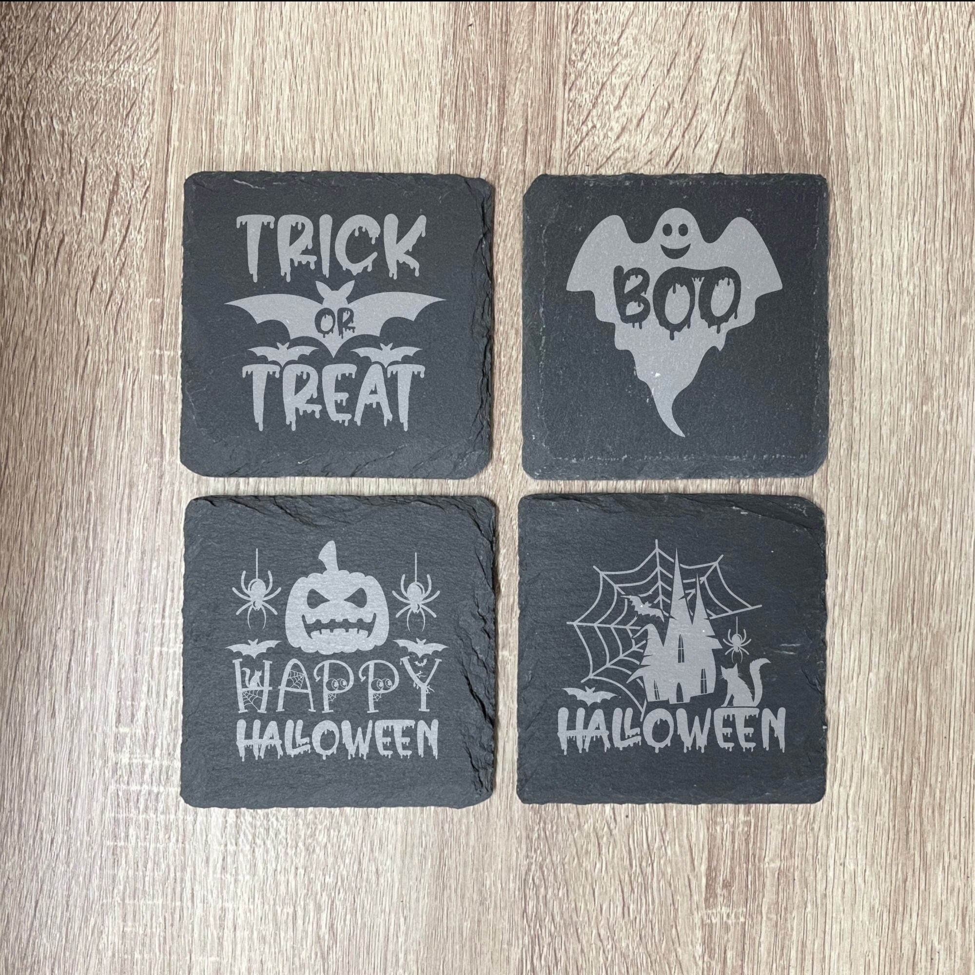 Halloween Slate Coasters, Set of 4 Square, Trick or Treat, Wedding Gifts, Drink Coasters, Personalized, Engraved, Funny