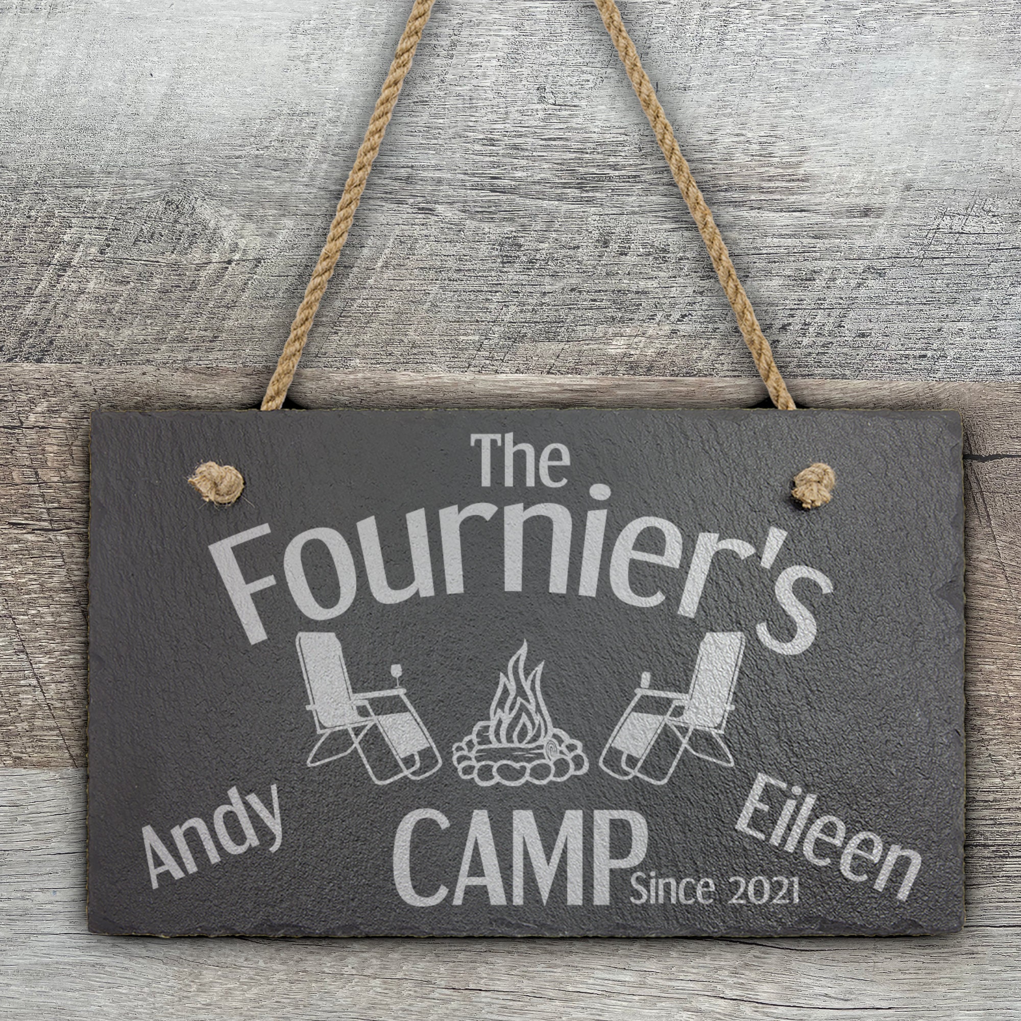 Personalized Camping Sign, Slate Sign 11 3/4" x 7", Rectangle Hanging, Laser Engraved, Gift, Outdoors