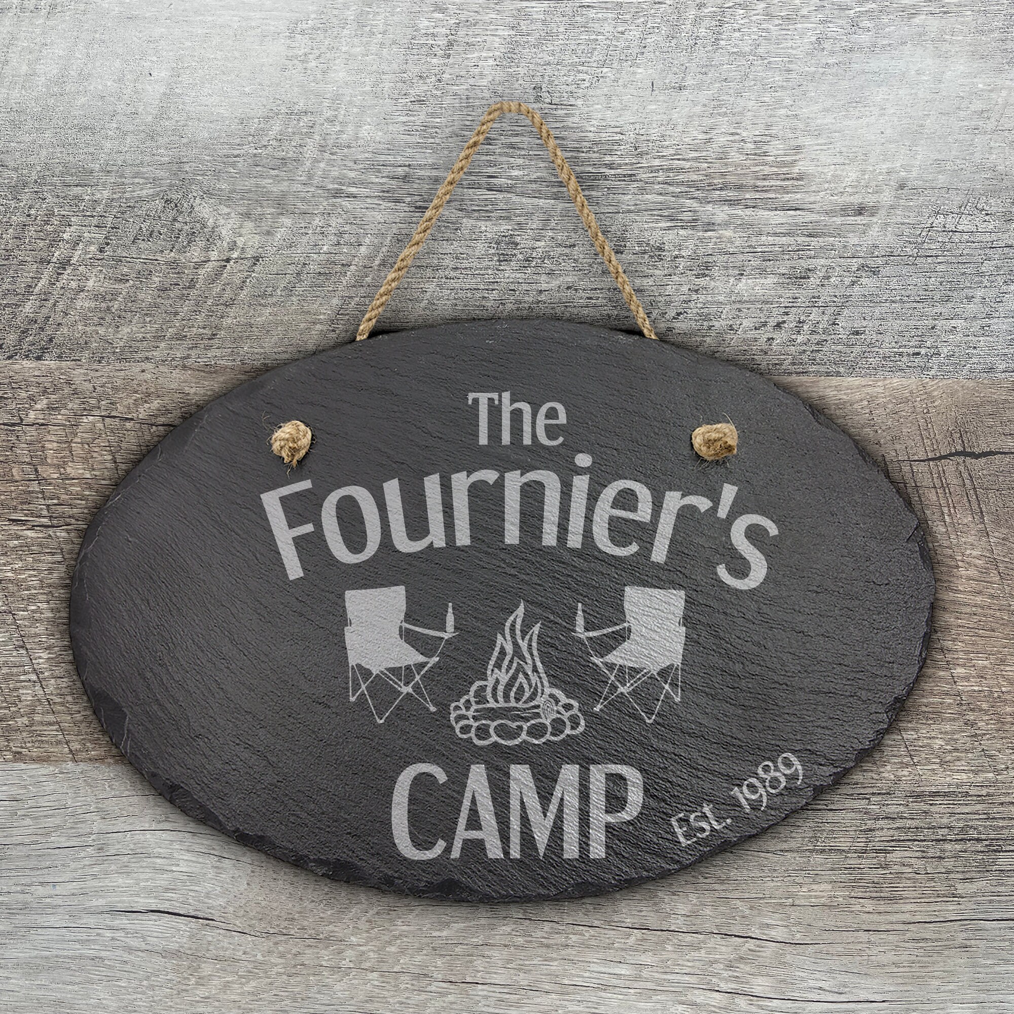 Personalized Camping Sign, Slate Sign 11 3/4" x 7 3/4", Oval Hanging, Laser Engraved, Gift, Outdoors