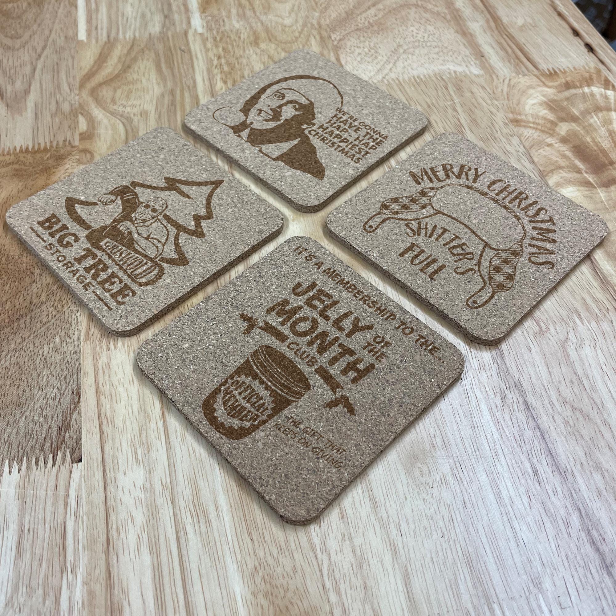 Griswold National Lampoons Christmas Vacation Engraved Cork Coasters, Set of 4, Multiple designs, Drink Coasters, Laser Engraved, Funny