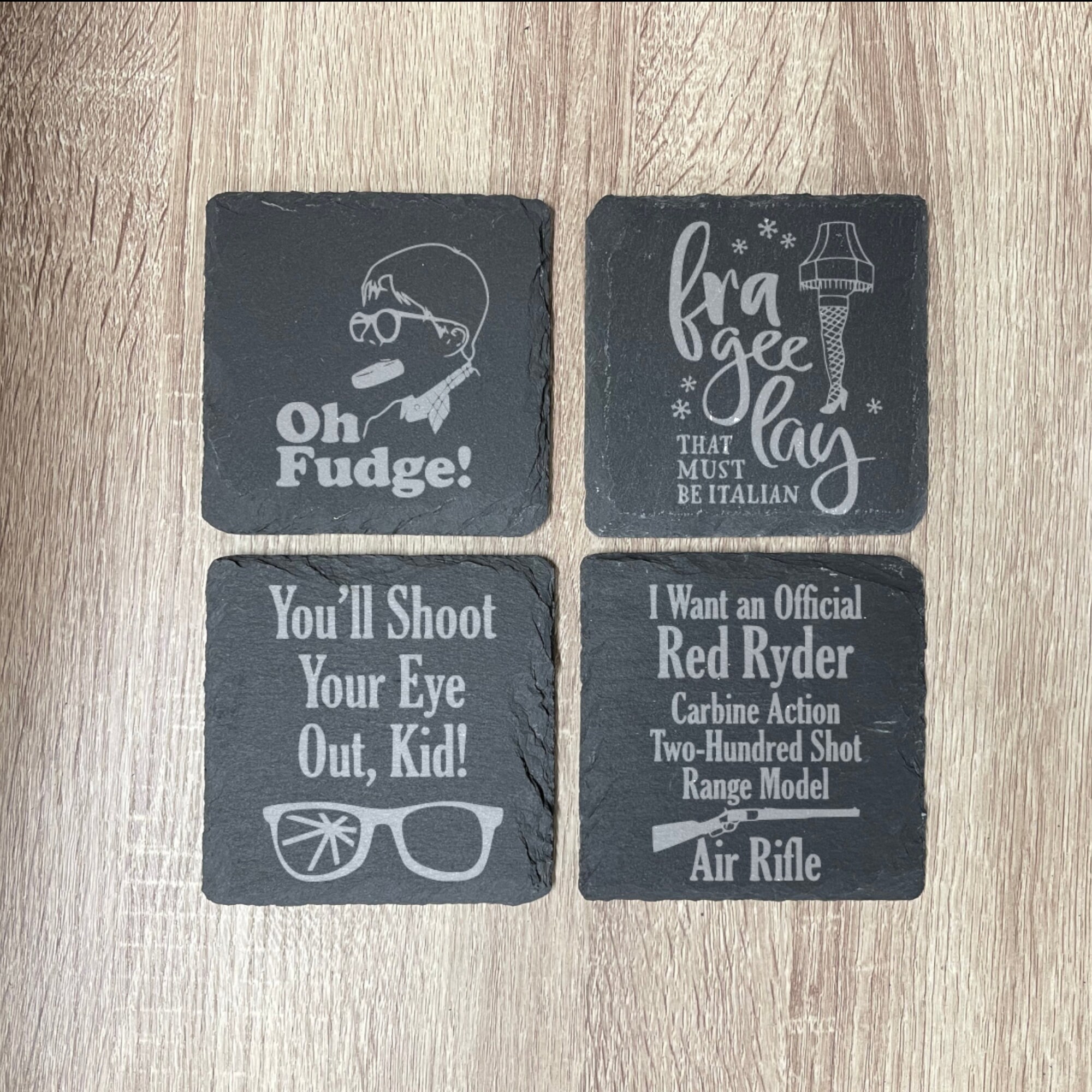 A Christmas Story Inspired Engraved Slate Coasters, Set of 4, Multiple designs, Drink Coasters, Laser Engraved, Funny