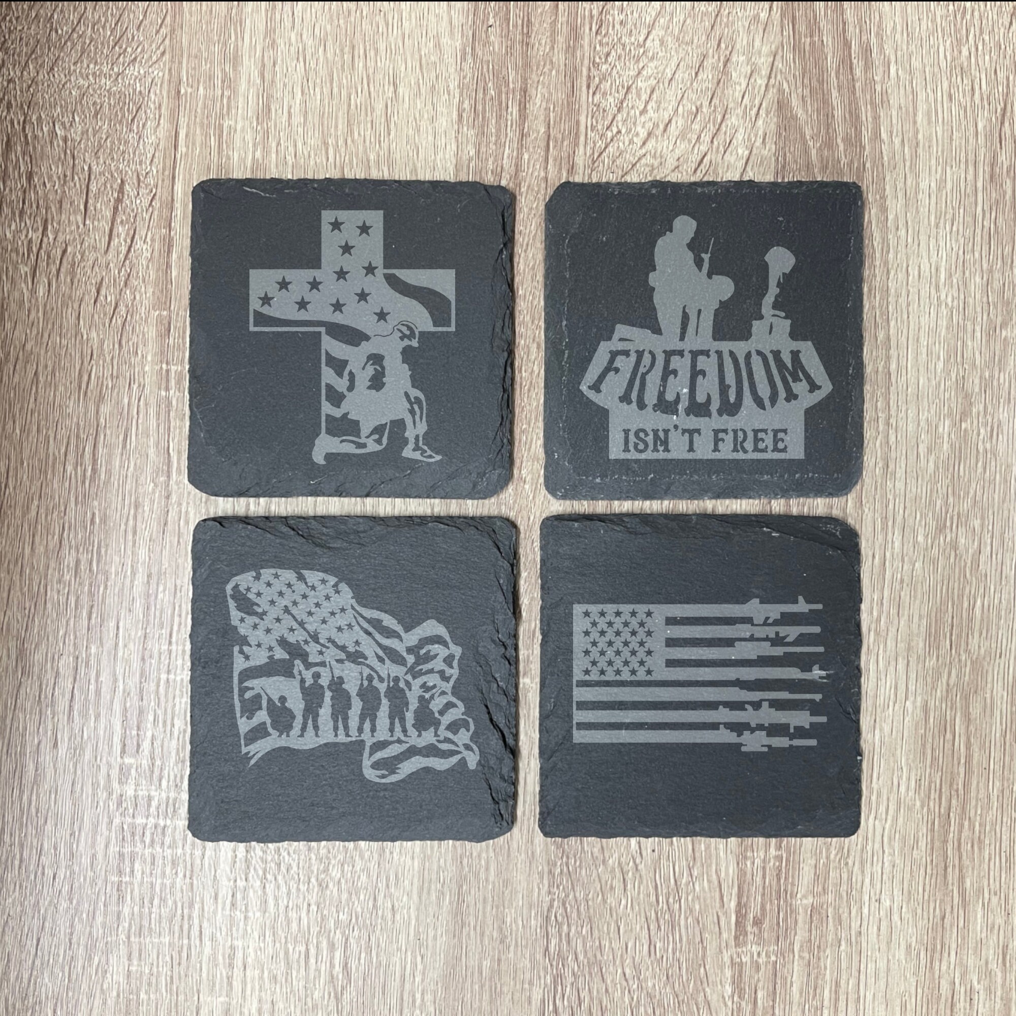 Patriotic Soldier Slate Coasters , Set of 4, Wedding Gifts, Drink Coasters, Personalized, Engraved, Funny