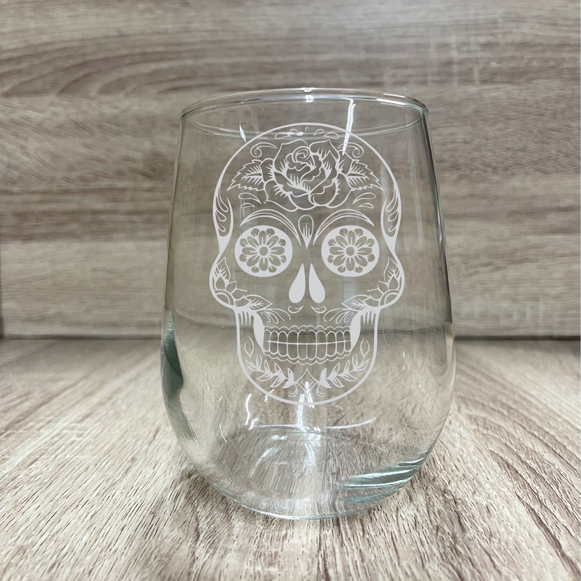 Sugar Skull etched wine glass, stemless wine glass, wedding gift, drinking glass, 17oz