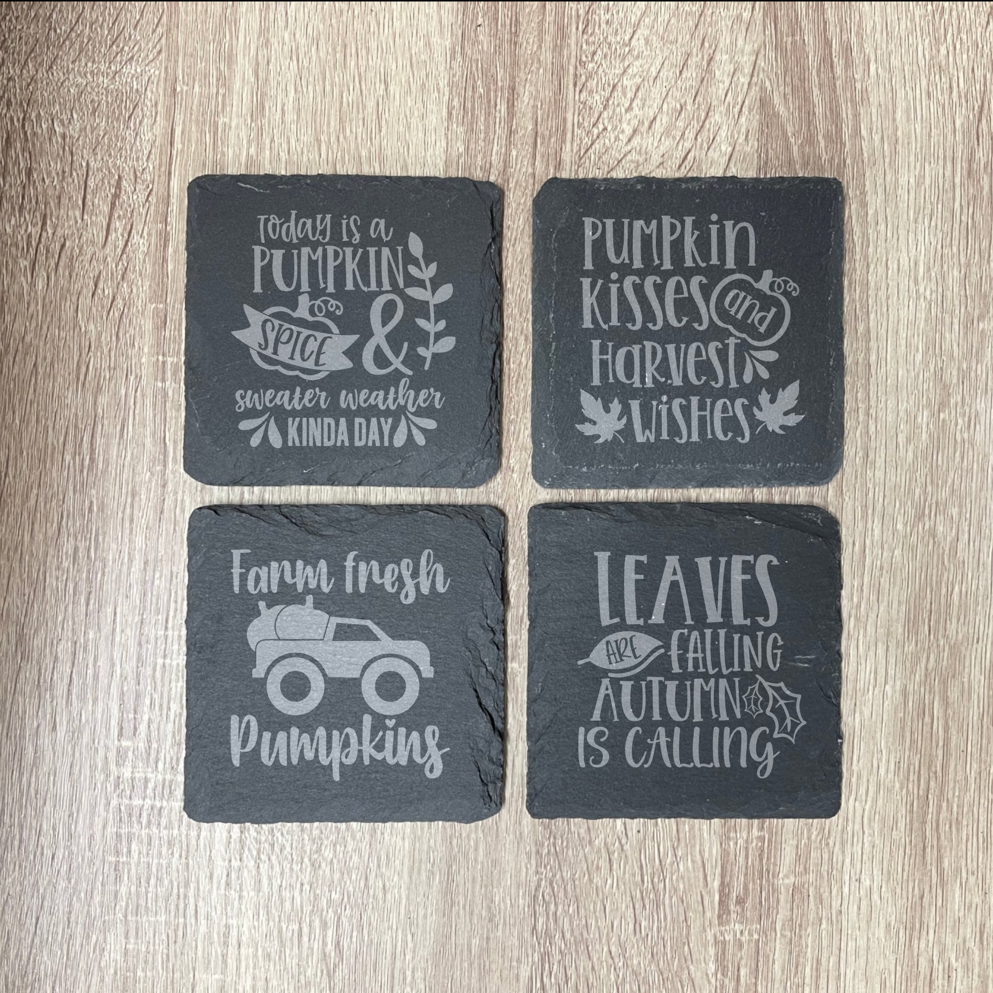 Fall Slate Coasters, Set of 4 Square, Farm Fresh Pumpkins, Wedding Gifts, Drink Coasters, Personalized, Engraved, Funny