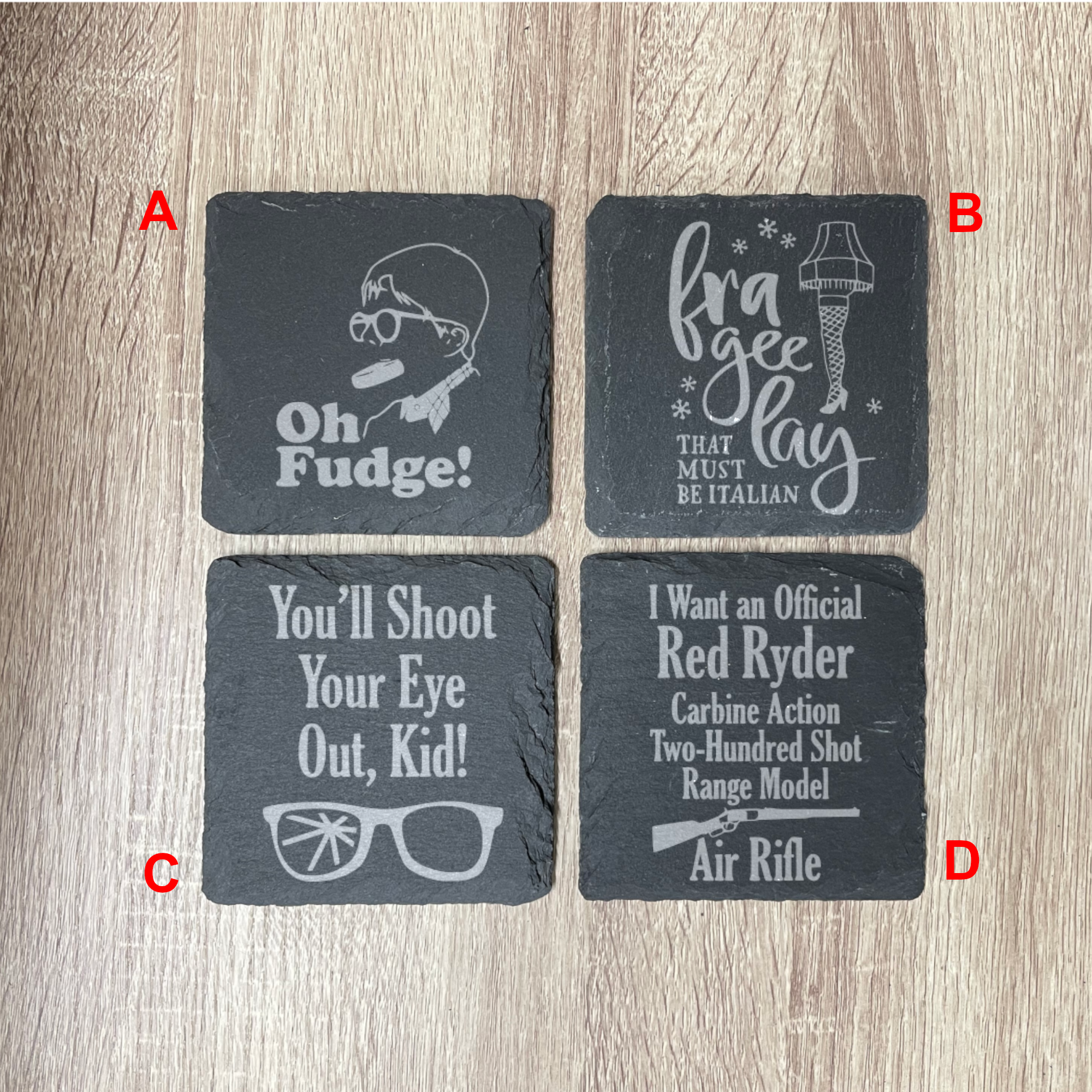 A Christmas Story Inspired Engraved Slate Coasters, Set of 4, Multiple designs, Drink Coasters, Laser Engraved, Funny