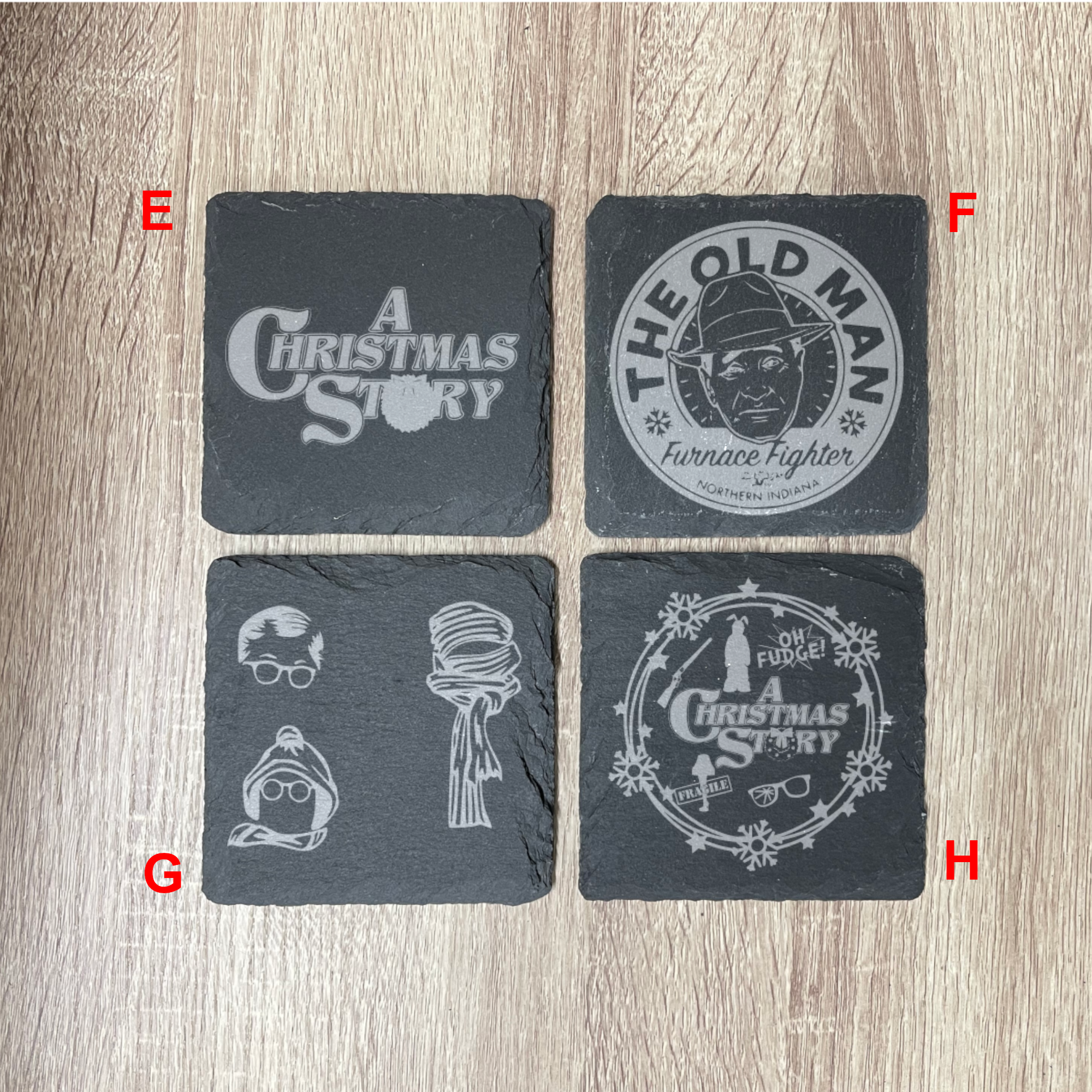 A Christmas Story Inspired Engraved Slate Coasters, Set of 4, Multiple designs, Drink Coasters, Laser Engraved, Funny