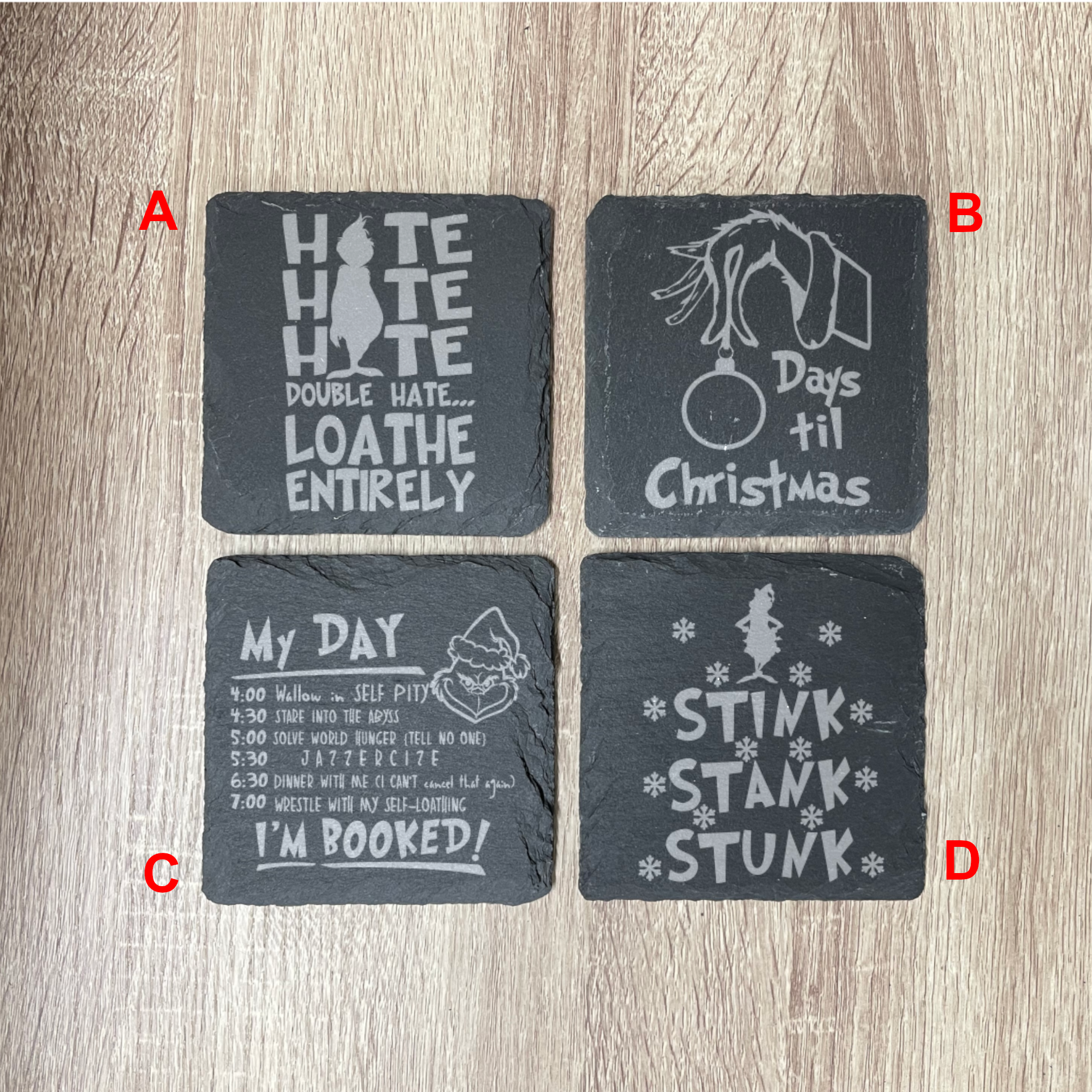 Green face, gri_ch Engraved Slate Coasters , Set of 4, Multiple Designs, Wedding Gifts, Drink Coasters, Personalized, Engraved, Christmas