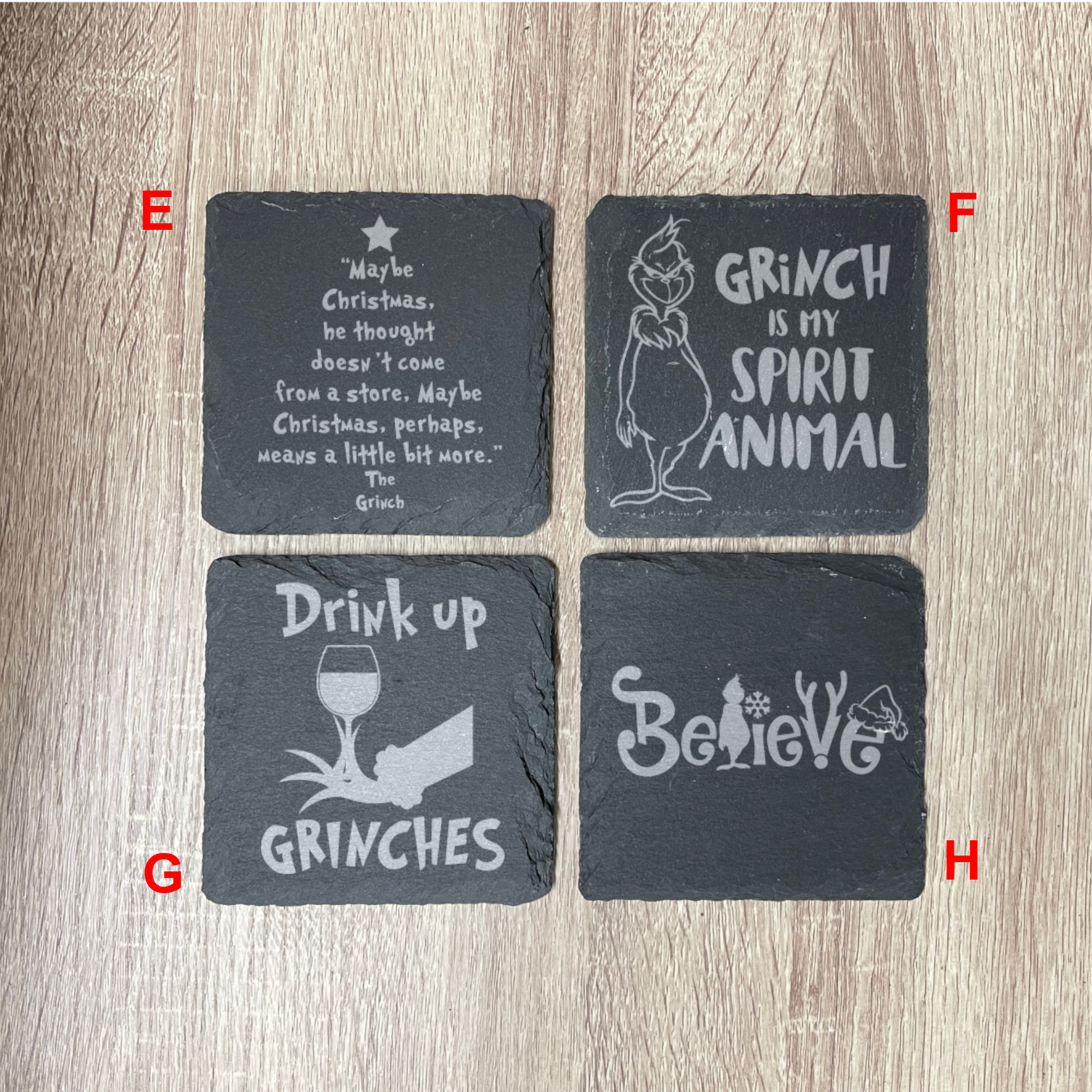 Green face, gri_ch Engraved Slate Coasters , Set of 4, Multiple Designs, Wedding Gifts, Drink Coasters, Personalized, Engraved, Christmas