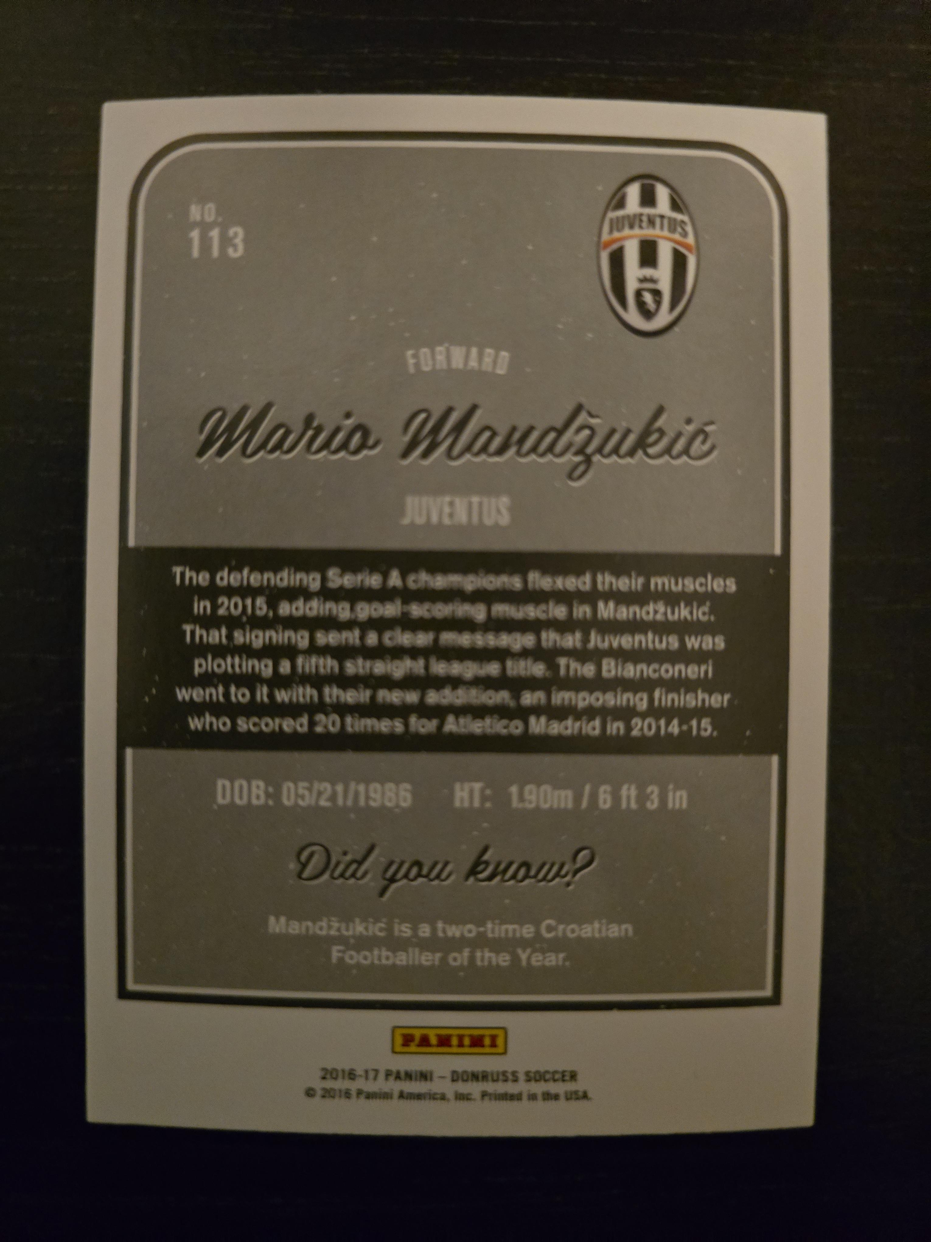 Mario Mandžukić – 2016-17 Panini Donruss Soccer #113 | Juventus | Serie A Forward