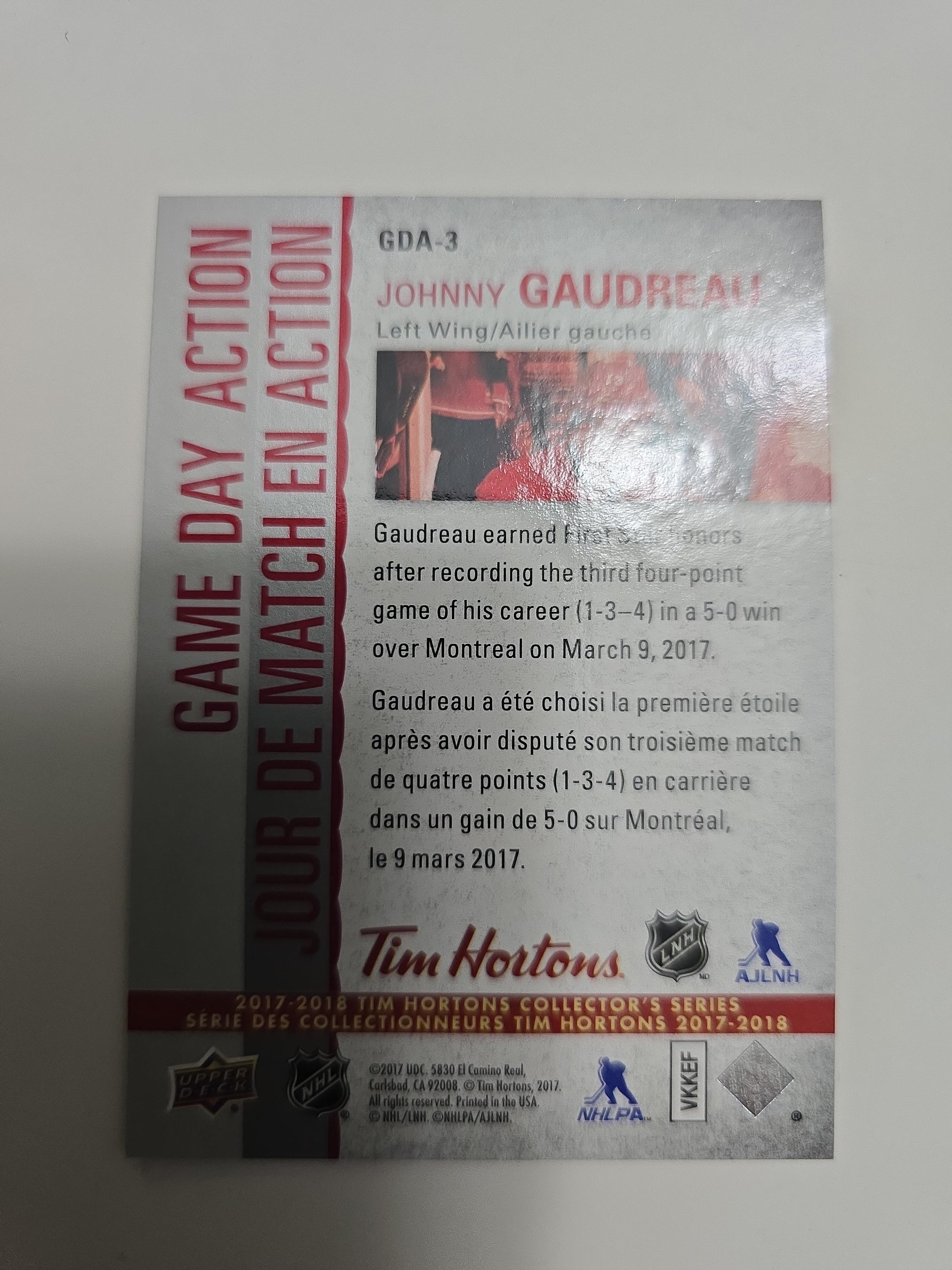 2017-18 Tim Hortons Game Day Action Johnny Gaudreau GDA-3 – Calgary Flames