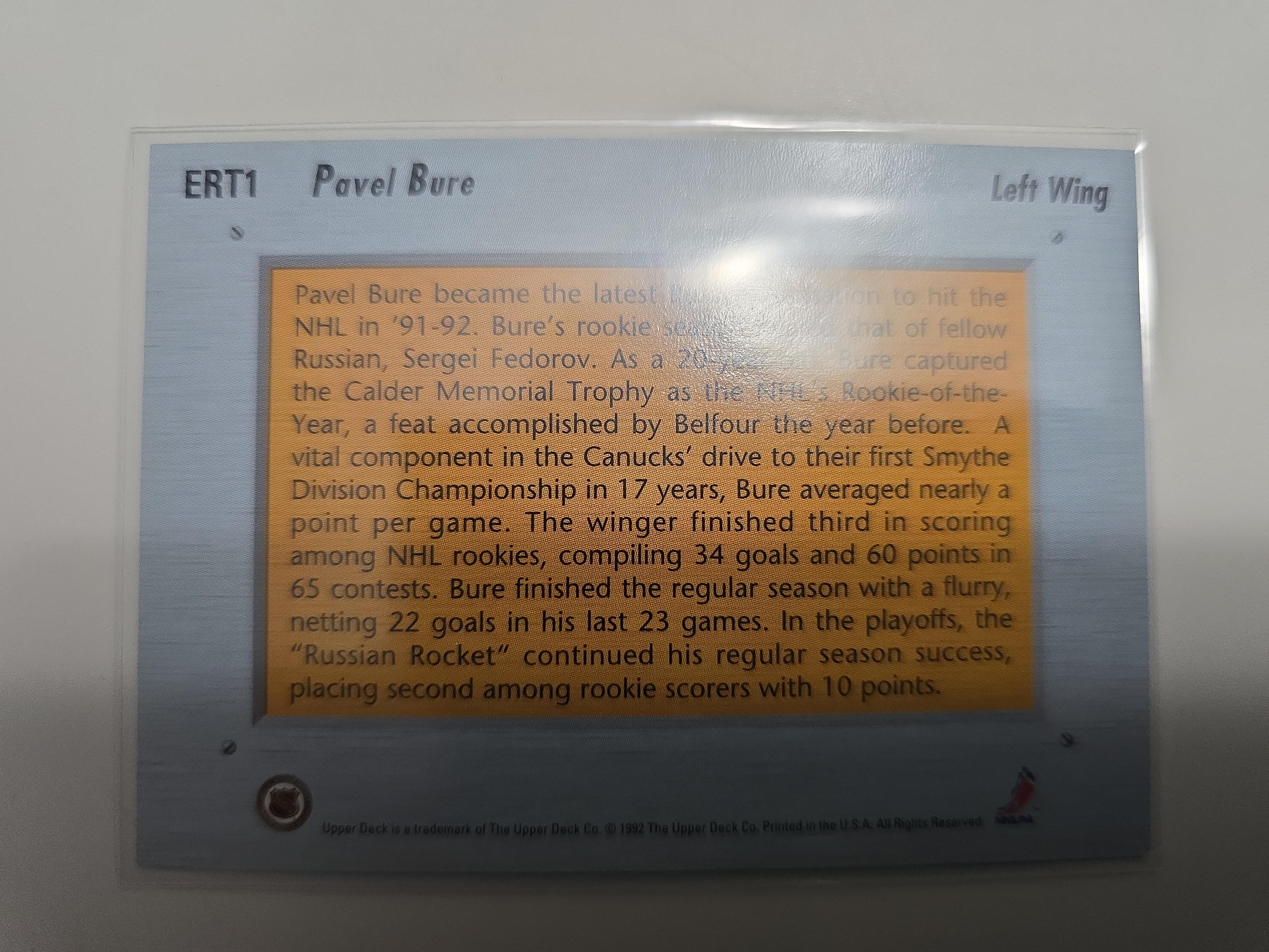 1992–93 Upper Deck Pavel Bure Euro-Rookie Team (ERT1) – Vancouver Canucks | Rookie Insert