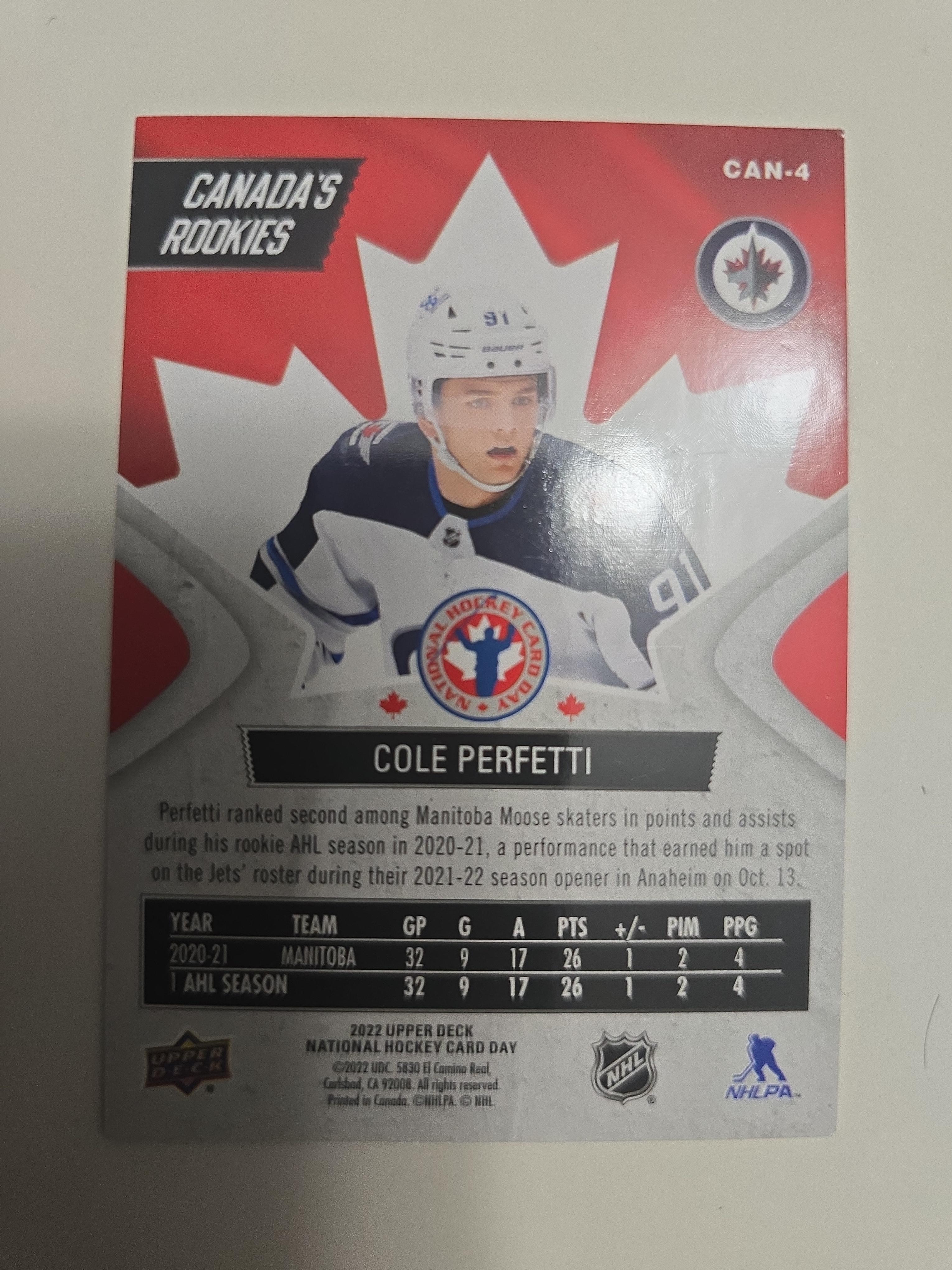 2022 Upper Deck National Hockey Card Day Cole Perfetti CAN-4 – Canada’s Rookies | Winnipeg Jets