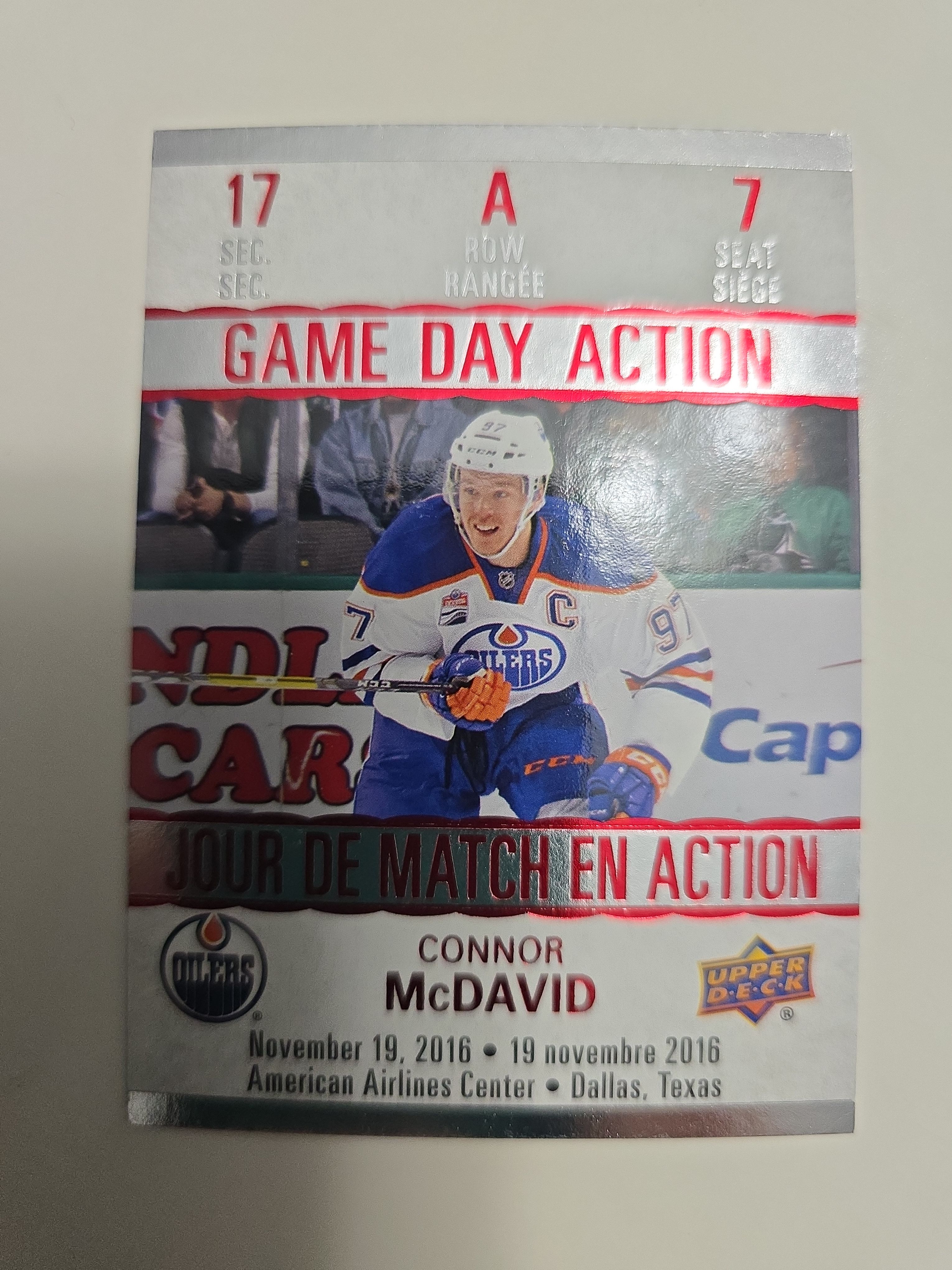 2017-18 Upper Deck Tim Hortons Game Day Action Connor McDavid GDA-7 – First Career Hat Trick
