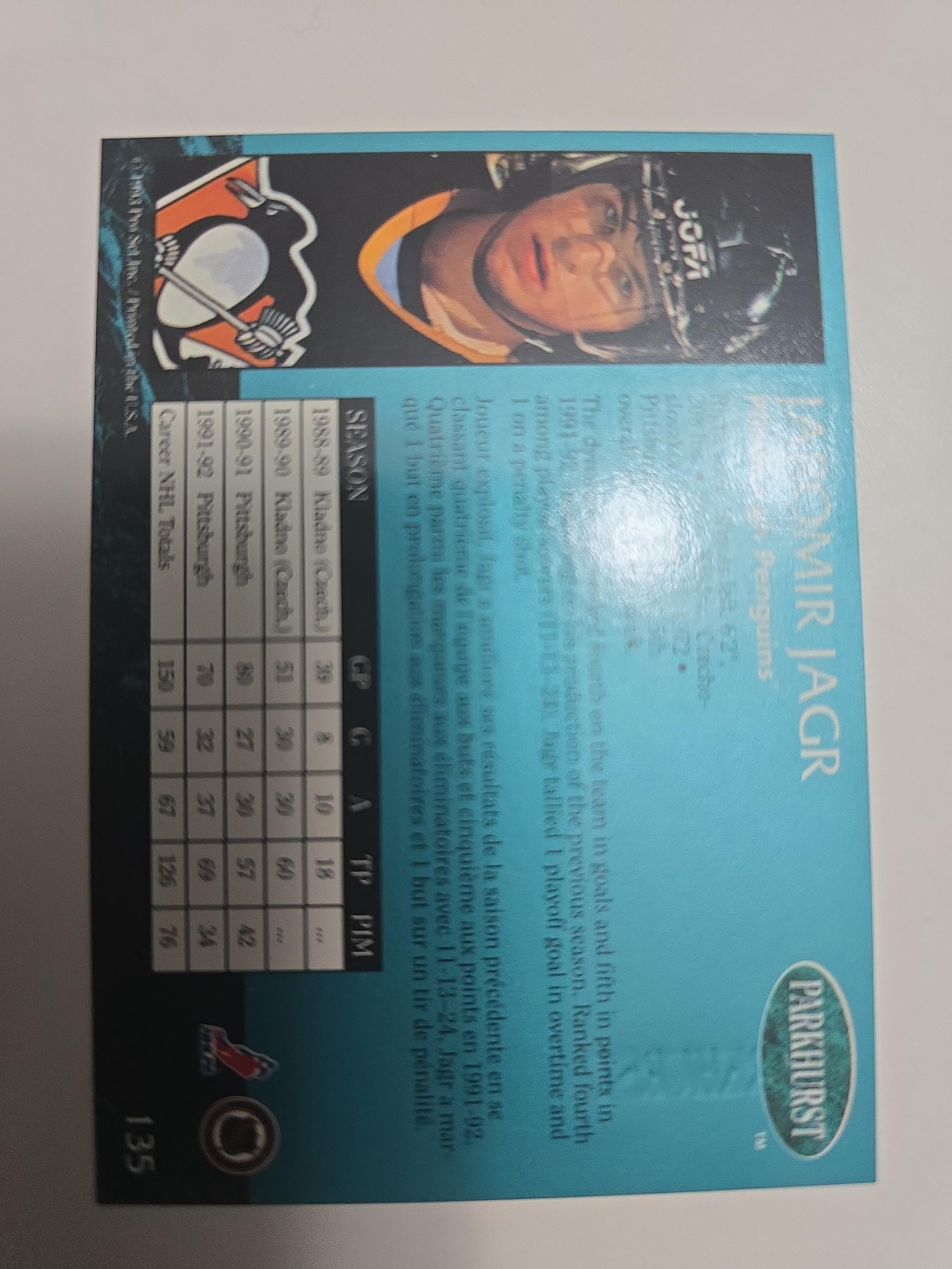 1993–94 Parkhurst Jaromír Jágr #135 – Pittsburgh Penguins | Hall of Fame Legend