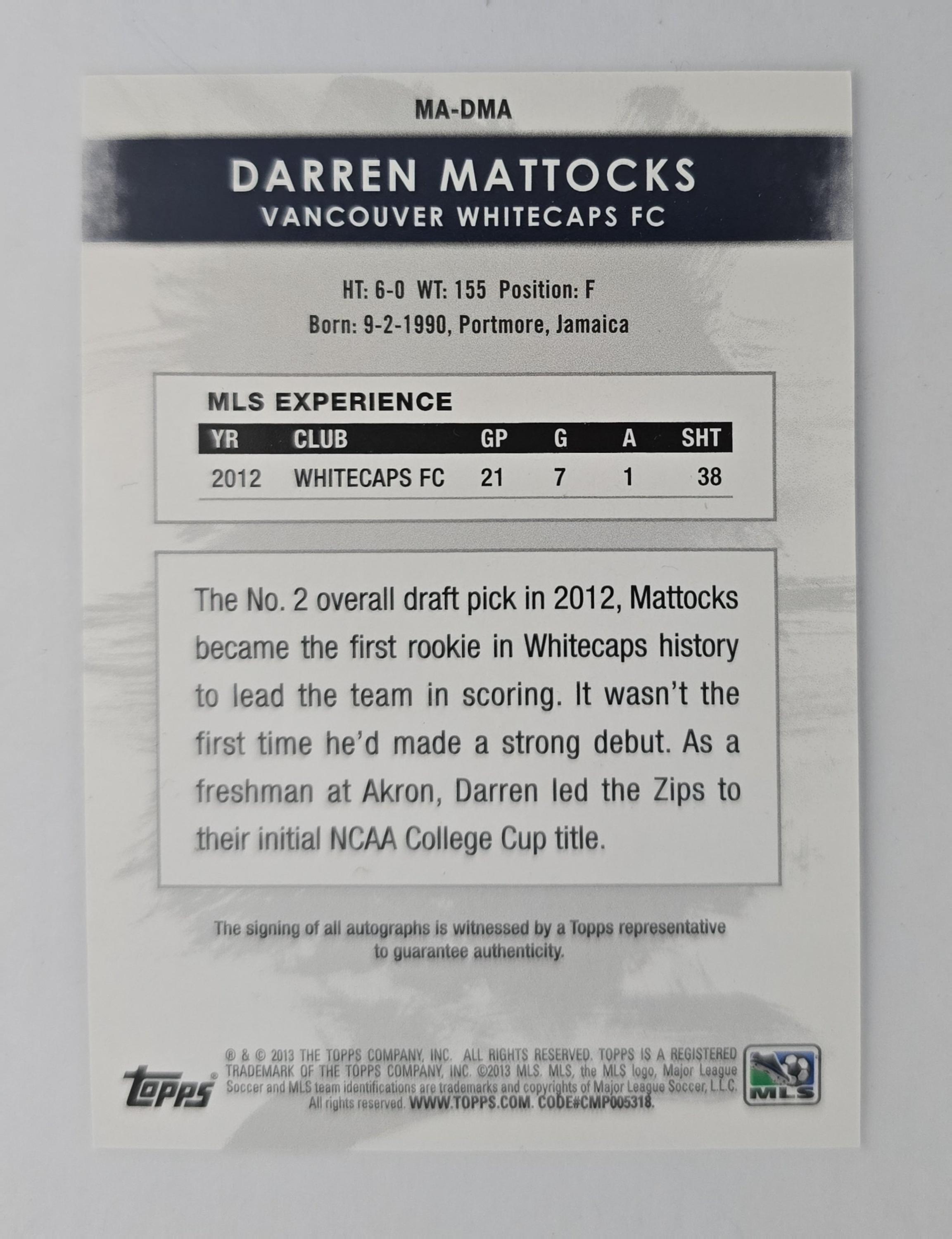 Darren Mattocks – 2013 Topps MLS Autograph – Vancouver Whitecaps FC – On-Card Auto