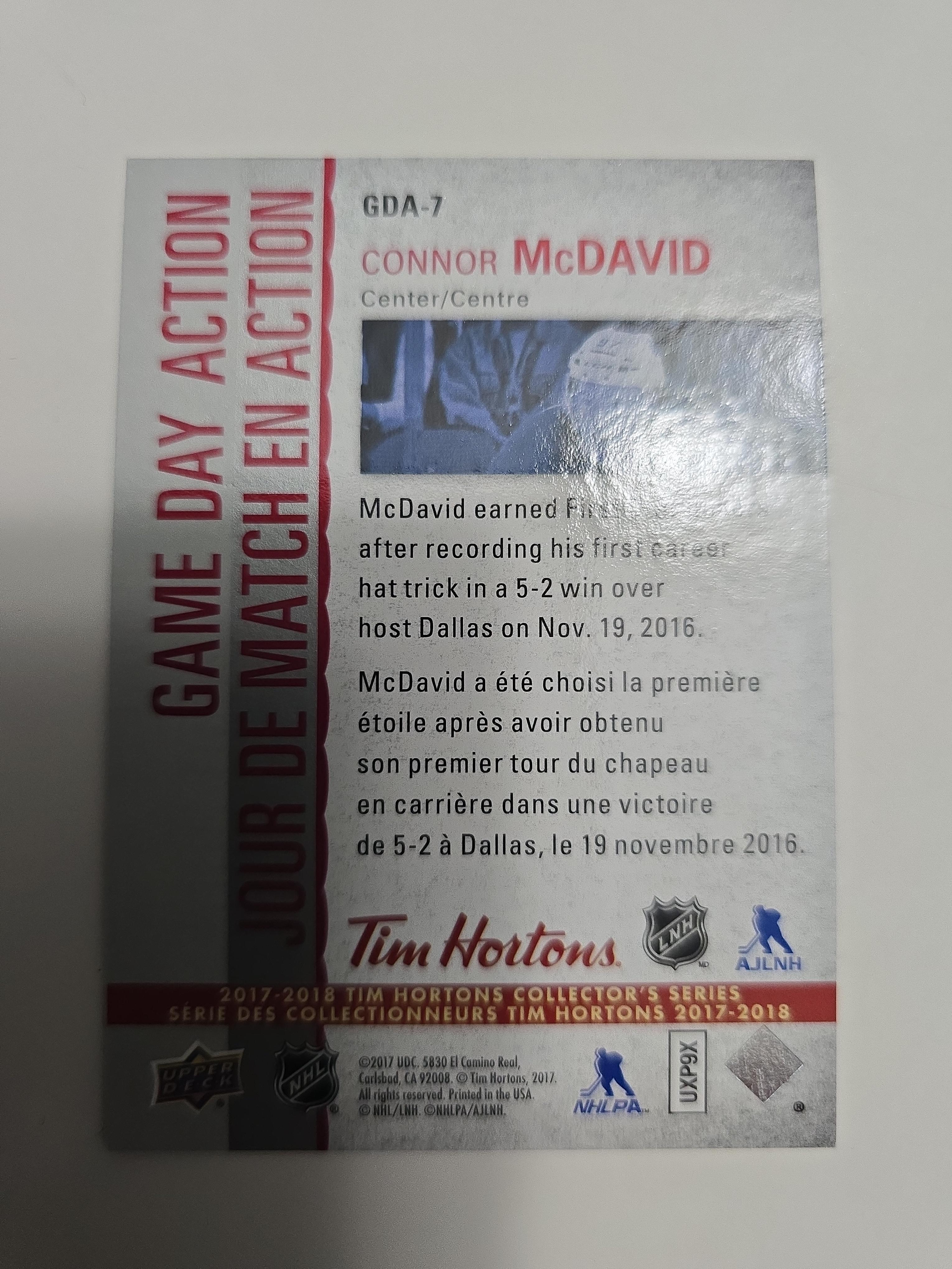 2017-18 Upper Deck Tim Hortons Game Day Action Connor McDavid GDA-7 – First Career Hat Trick