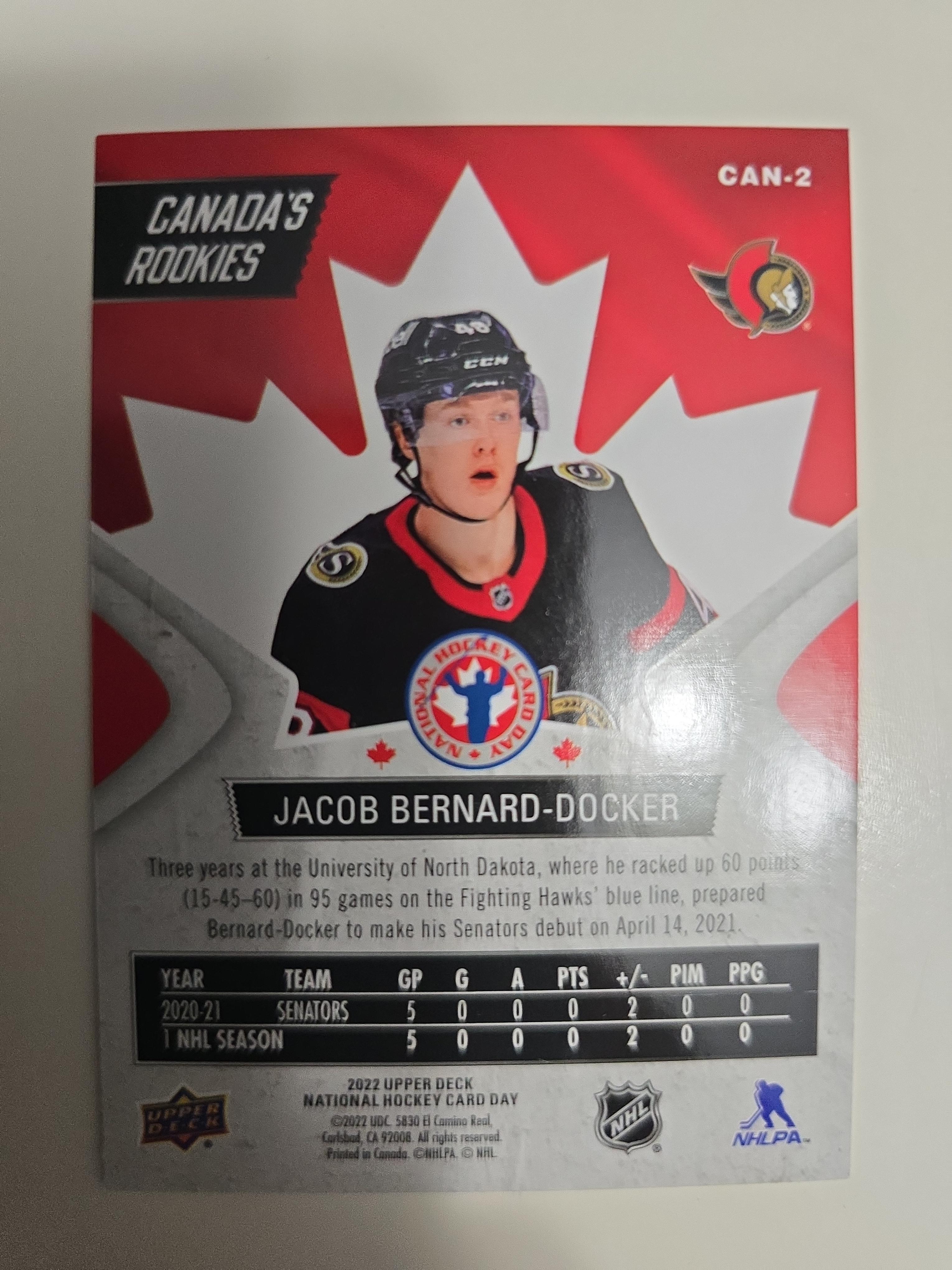 2022 Upper Deck Canada’s Rookies Jacob Bernard-Docker CAN-2 – Ottawa Senators