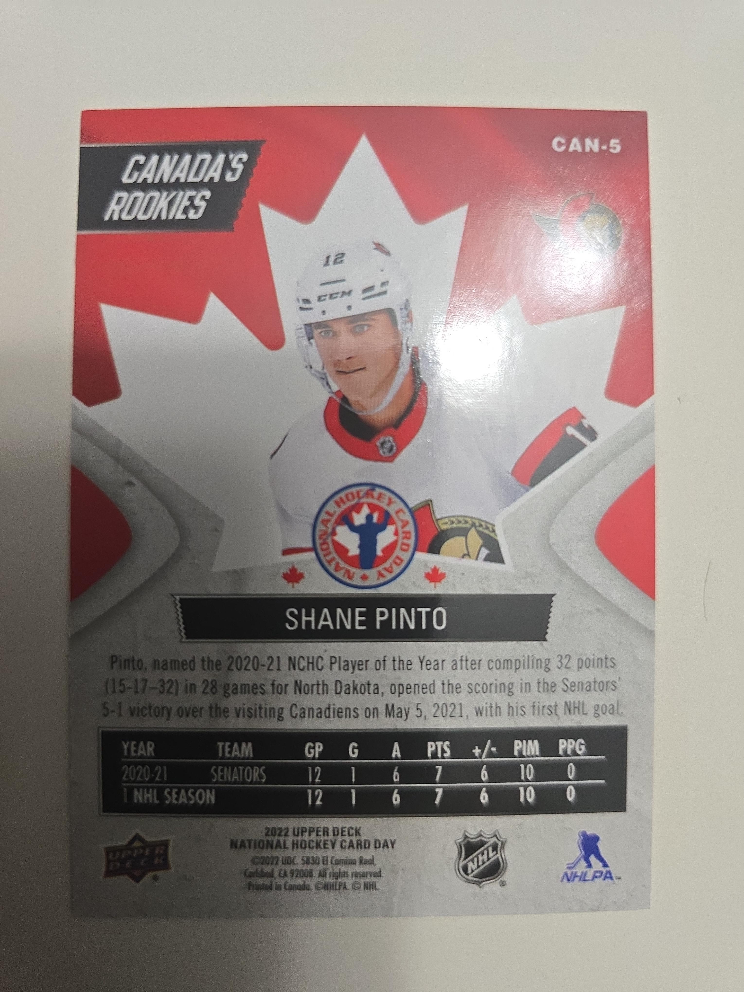 2022 Upper Deck National Hockey Card Day Shane Pinto CAN-5 – Canada’s Rookies | Ottawa Senators