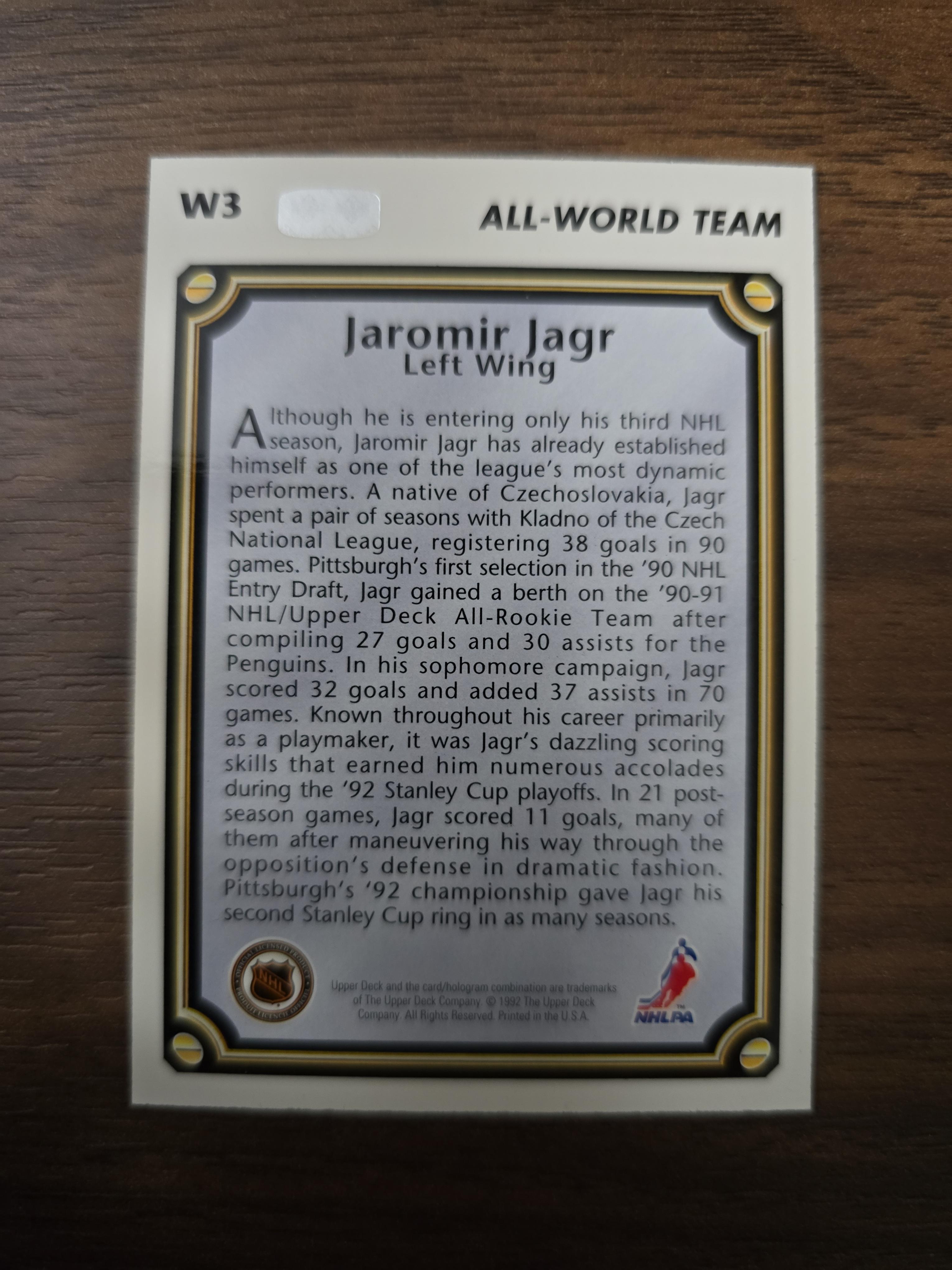 1992–93 Upper Deck Jaromir Jagr All-World Team W3 – Pittsburgh Penguins | Early Career Star