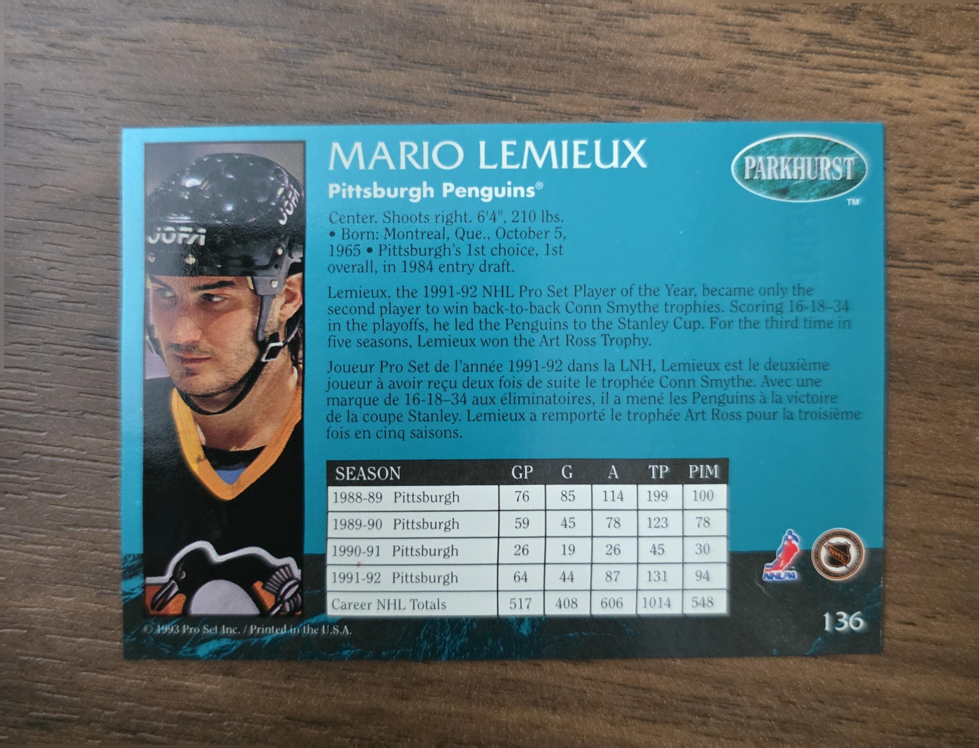 1993–94 Parkhurst Mario Lemieux #136 – Pittsburgh Penguins | Hall of Fame Legend