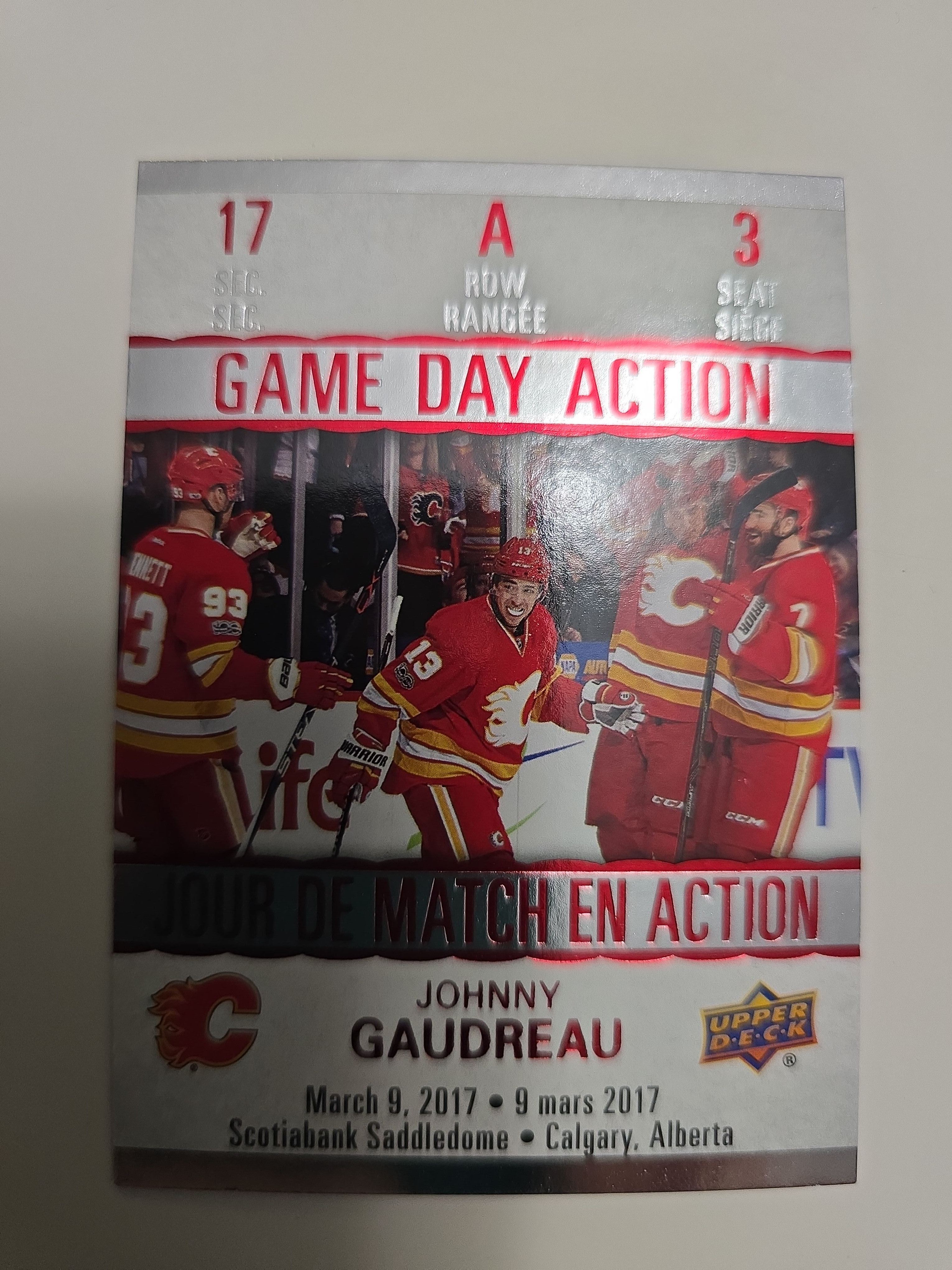 2017-18 Tim Hortons Game Day Action Johnny Gaudreau GDA-3 – Calgary Flames