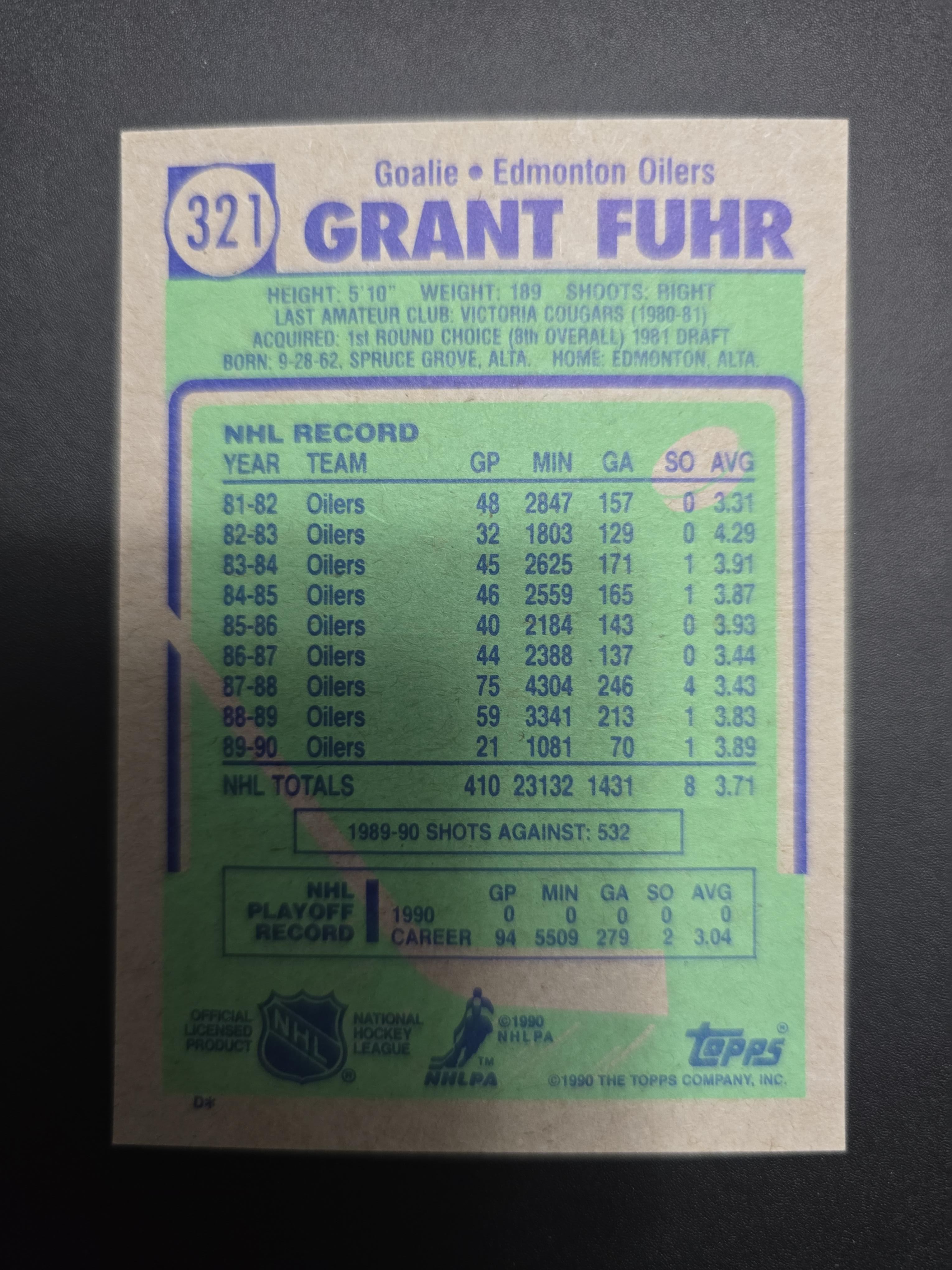 1990-91 Topps Grant Fuhr #321 – Edmonton Oilers Hall of Fame Goalie