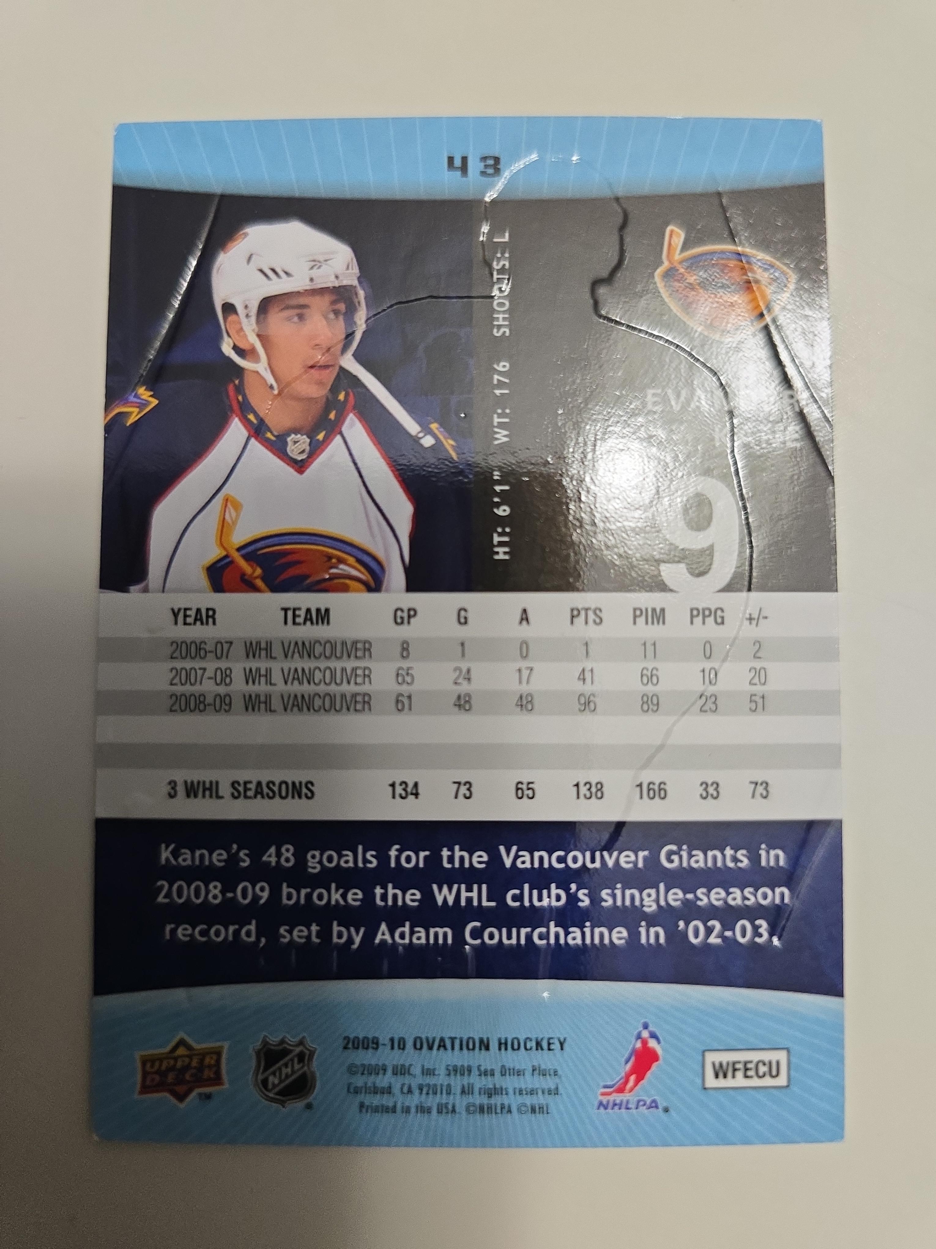 2009–10 Upper Deck Ovation Evander Kane #43 – WHL Vancouver Giants (Embossed)