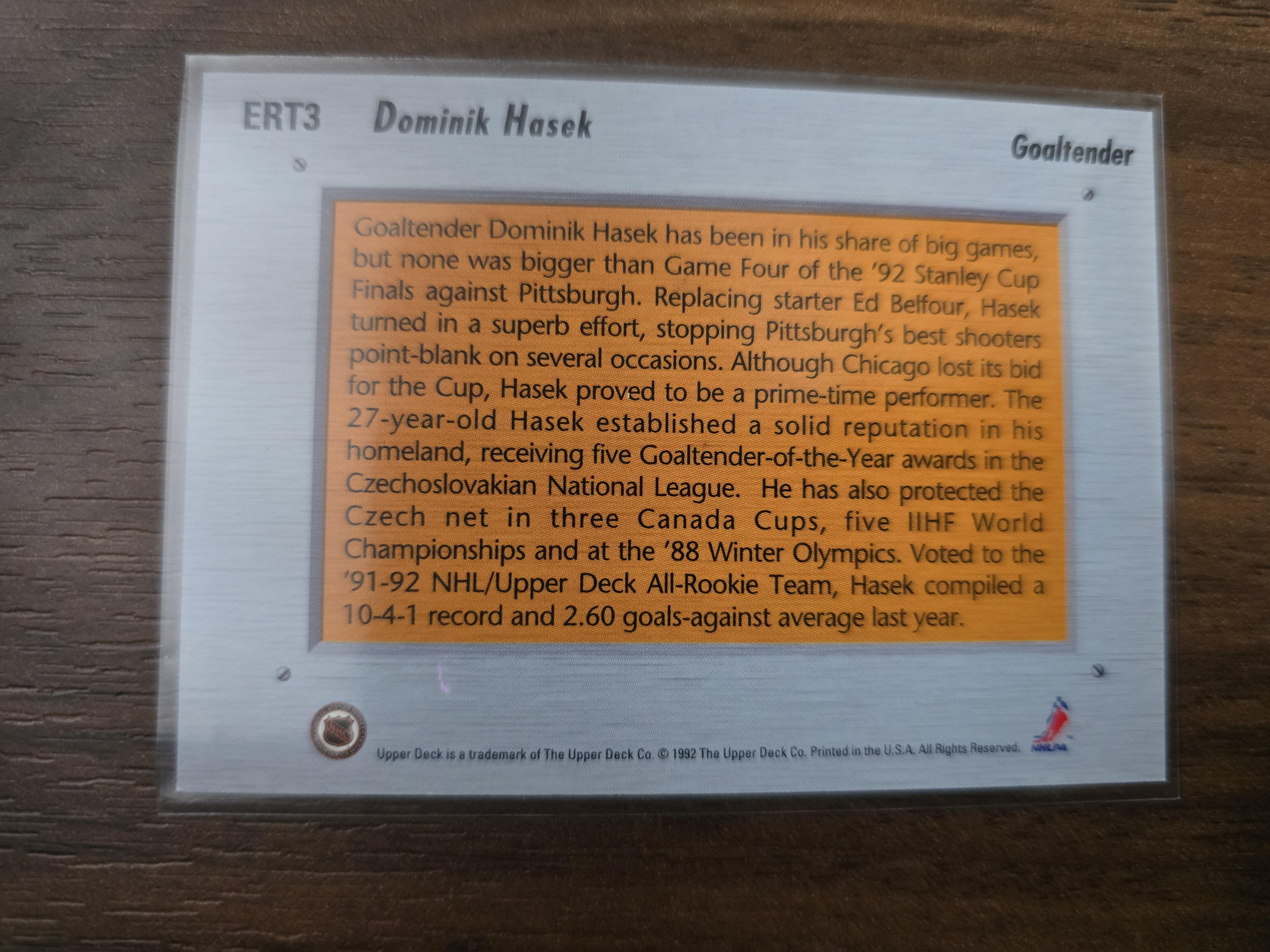 1992–93 Upper Deck Dominik Hašek Euro-Rookie Team ERT3 – Chicago Blackhawks | HOF Goalie 