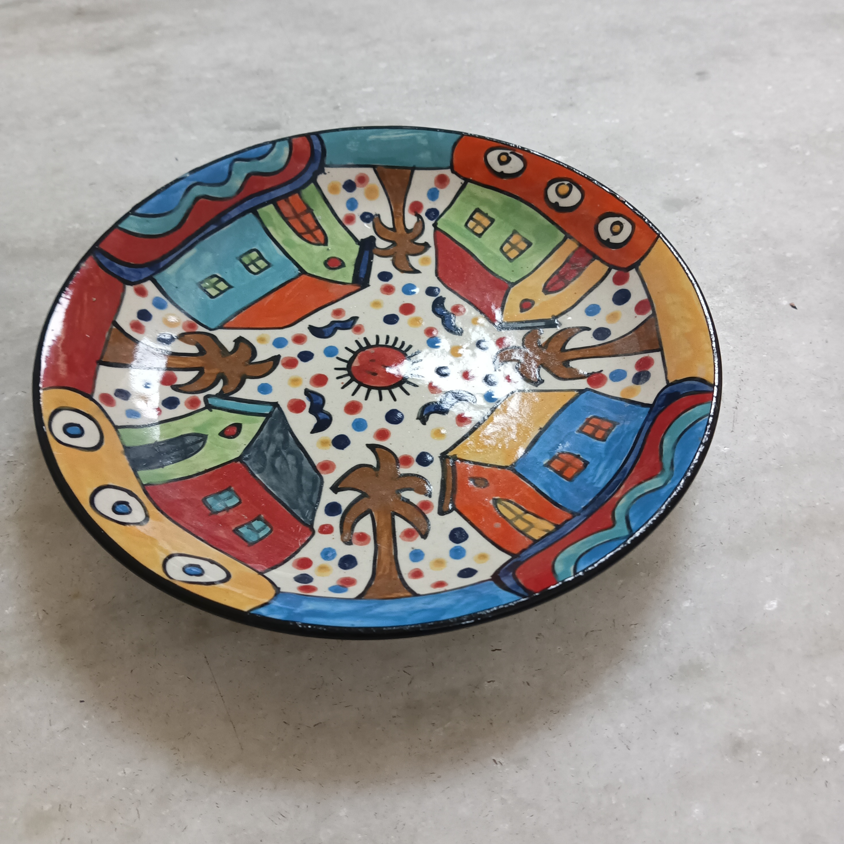 Hand-Painted Ceramic Plate - Village